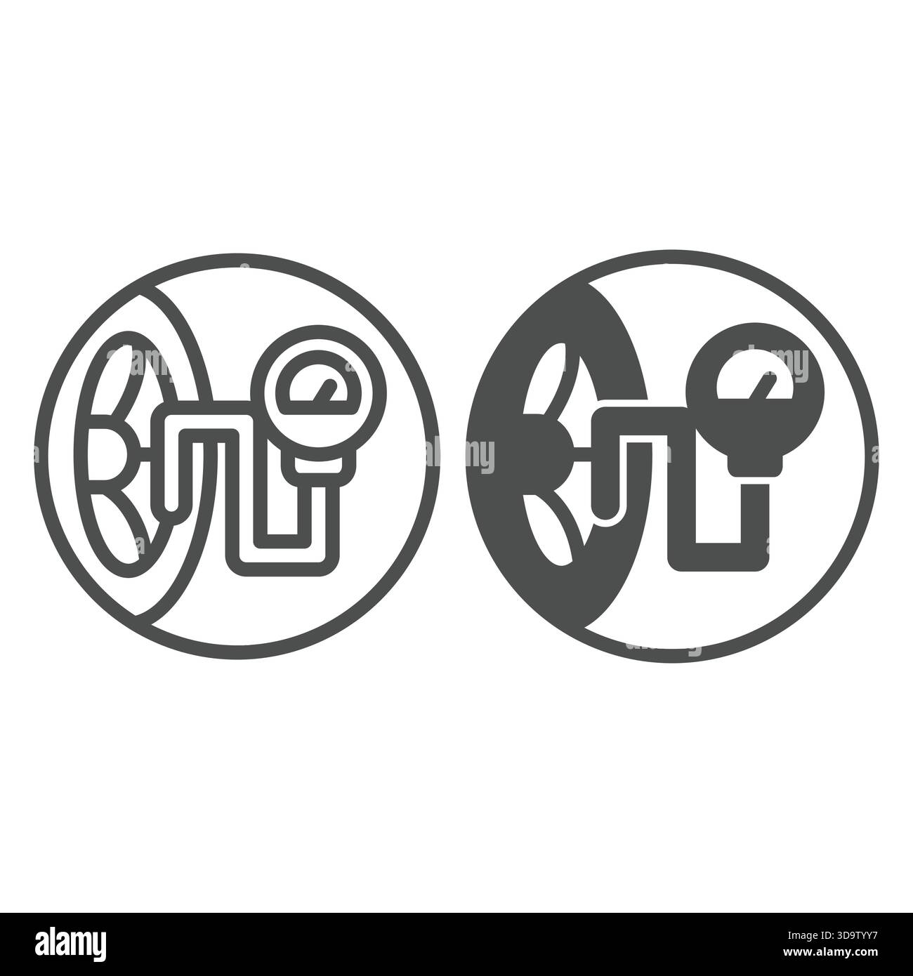 Ligne de jauge de pression d'air de pneu de voiture et icône solide, concept de montage de pneus. Graphiques vectoriels. Outil de capteur de pression et signe de roue de voiture sur fond blanc, Illustration de Vecteur