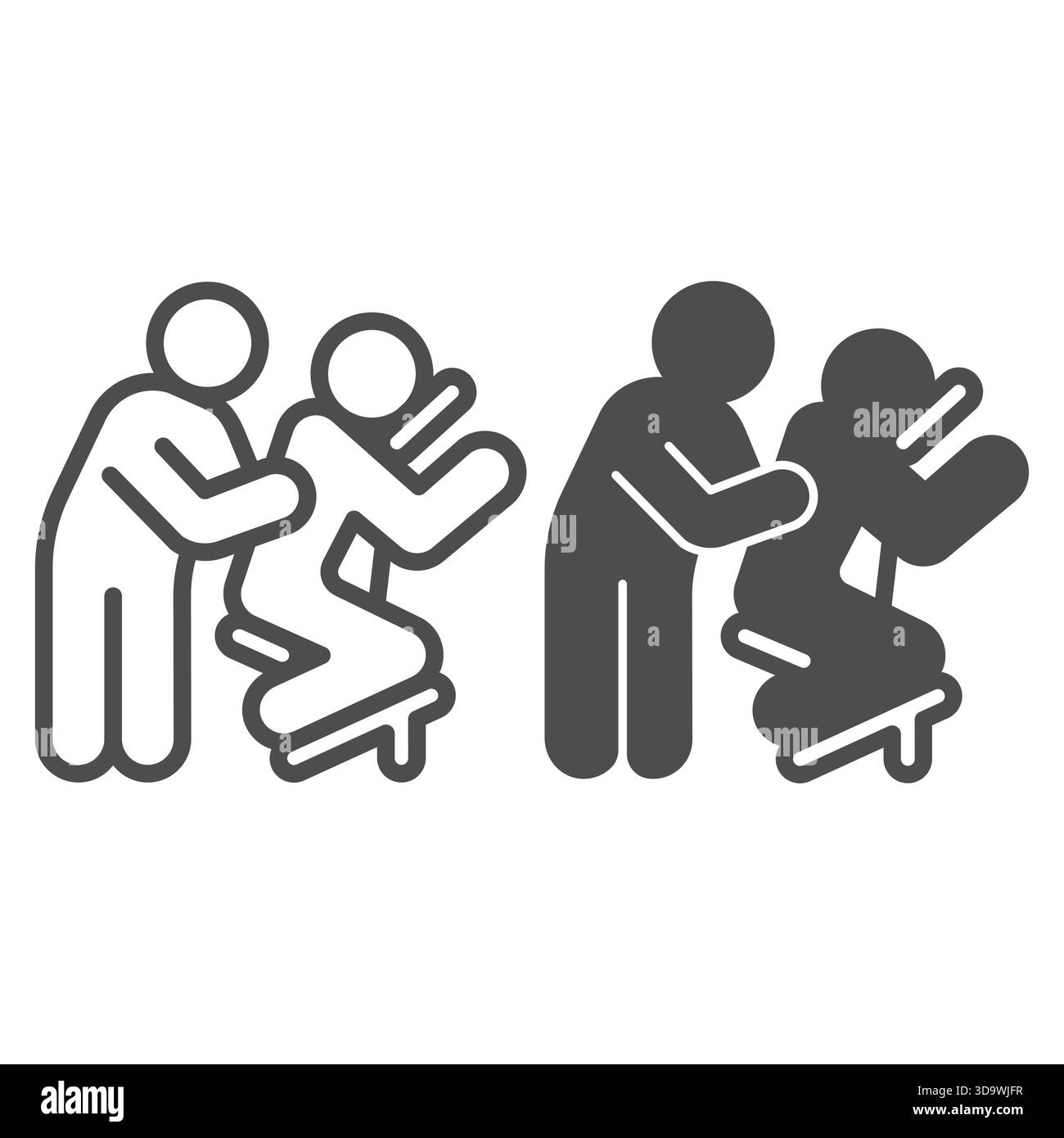 Masseur avec homme à la ligne de chaise de salon et icône solide, concept de massage spa. Graphiques vectoriels. Art massant pour le dos du client, signe de thérapie sur le dos blanc Illustration de Vecteur