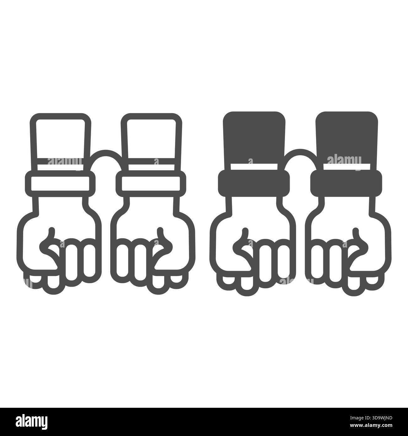 Ligne de mains menottées et icône solide, concept de force de police. Graphiques vectoriels. Mains de bandit attaché avec une corde, panneau de falaises de main sur fond blanc, dehors Illustration de Vecteur