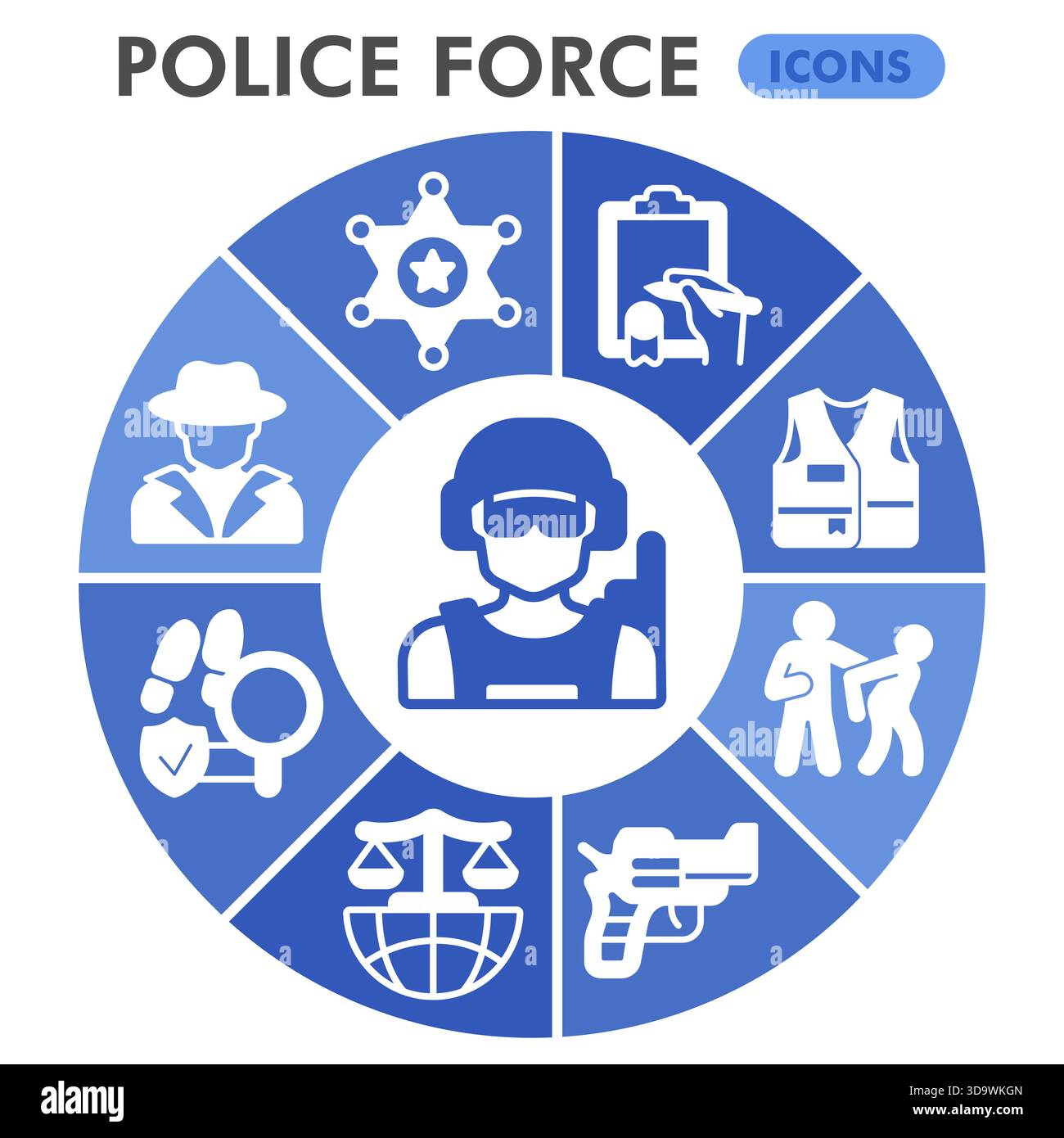 Collection ou croquis de symboles de la force de police, bulle de thème de la loi et de l'ordre avec des signes de style glyphe pour le web et l'application. Graphiques vectoriels isolés sur dos blanc Illustration de Vecteur