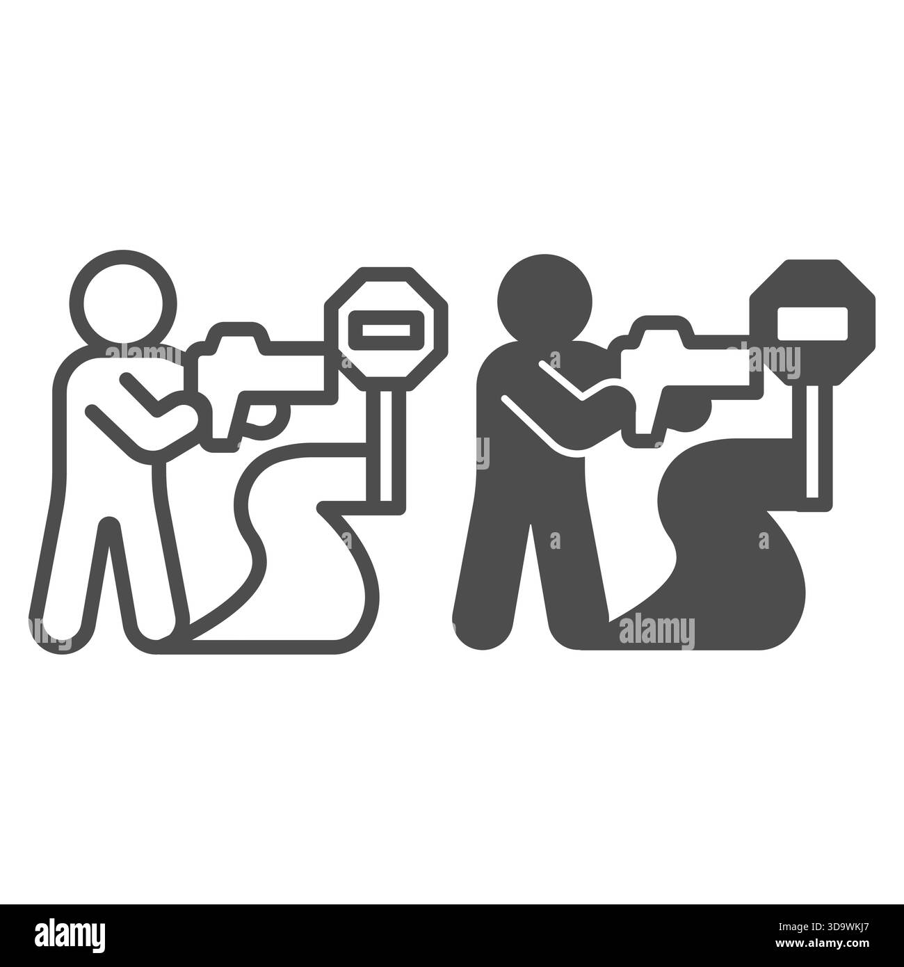 Patrouilleur et vitesse mesurant la ligne radar et icône solide, concept de force de police. Graphiques vectoriels. Homme de police sur la route avec panneau de signalisation sur backgro blanc Illustration de Vecteur
