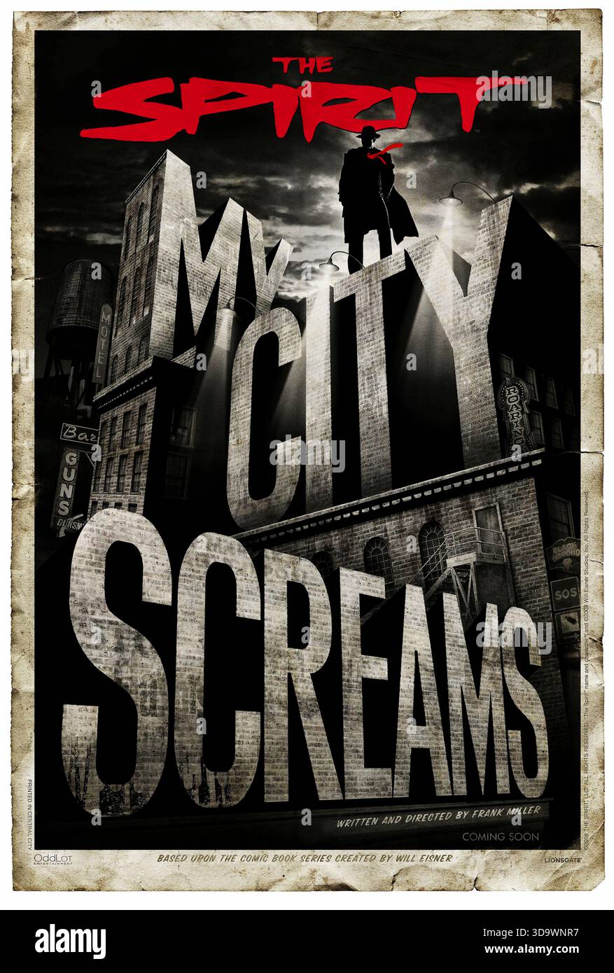 The Spirit (2008) réalisé par Frank Miller et mettant en vedette Gabriel Macht, Samuel L. Jackson et Scarlett Johansson. Un flic assassiné revient en justicier masqué pour protéger sa ville d'un cerveau criminel obsédé par l'immortalité. Affiche avancée AMÉRICAINE UNIQUEMENT POUR USAGE ÉDITORIAL. Crédit : BFA / Lionsgate Banque D'Images