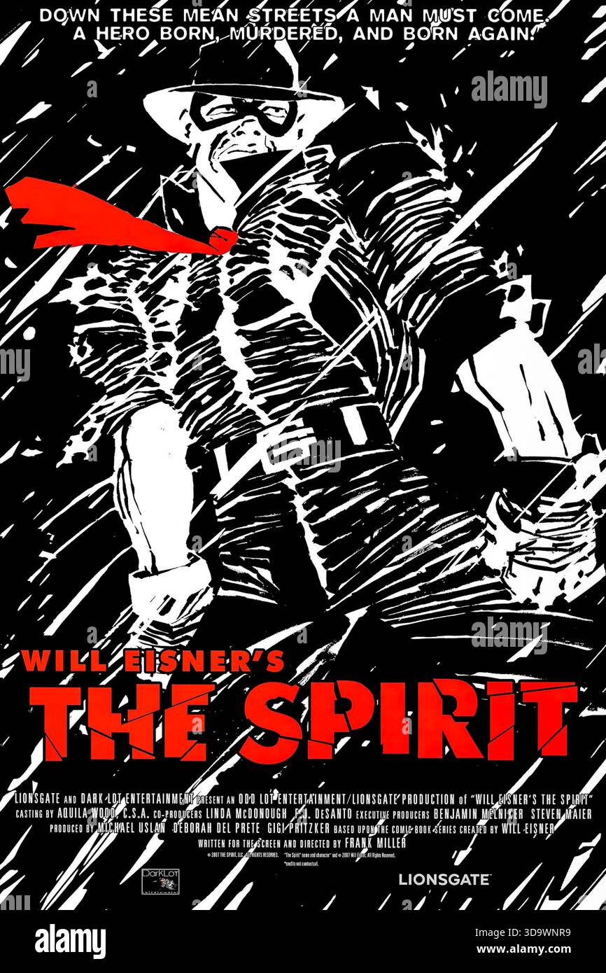 The Spirit (2008) réalisé par Frank Miller et mettant en vedette Gabriel Macht, Samuel L. Jackson et Scarlett Johansson. Un flic assassiné revient en justicier masqué pour protéger sa ville d'un cerveau criminel obsédé par l'immortalité. Affiche avancée AMÉRICAINE UNIQUEMENT POUR USAGE ÉDITORIAL. Crédit : BFA / Lionsgate Banque D'Images