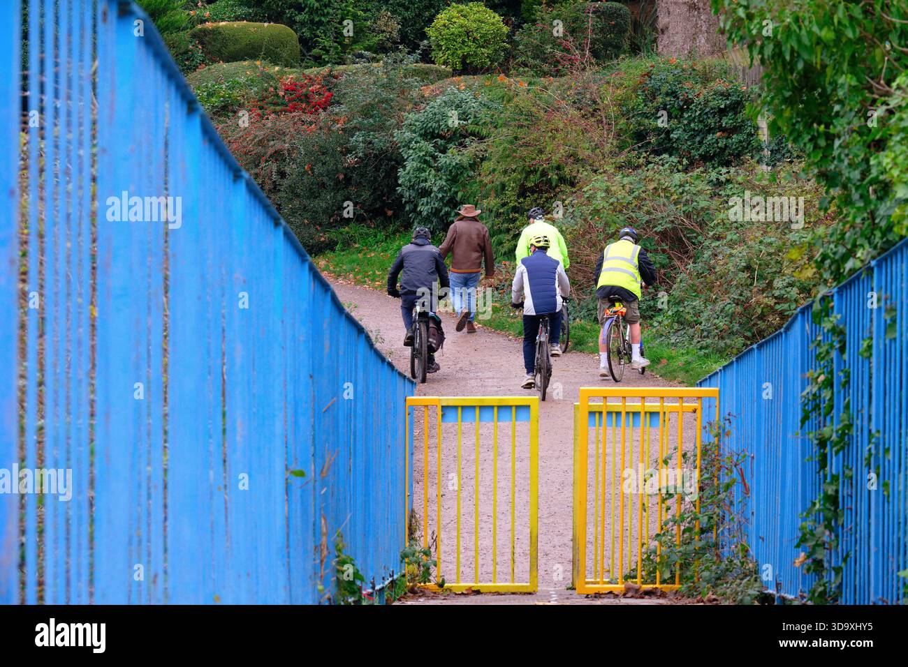 Quatre cyclistes âgés sur le chemin à vélo après avoir marché sur une passerelle étroite qui a des barrières les empêchant de monter des vélos sur le pont Banque D'Images