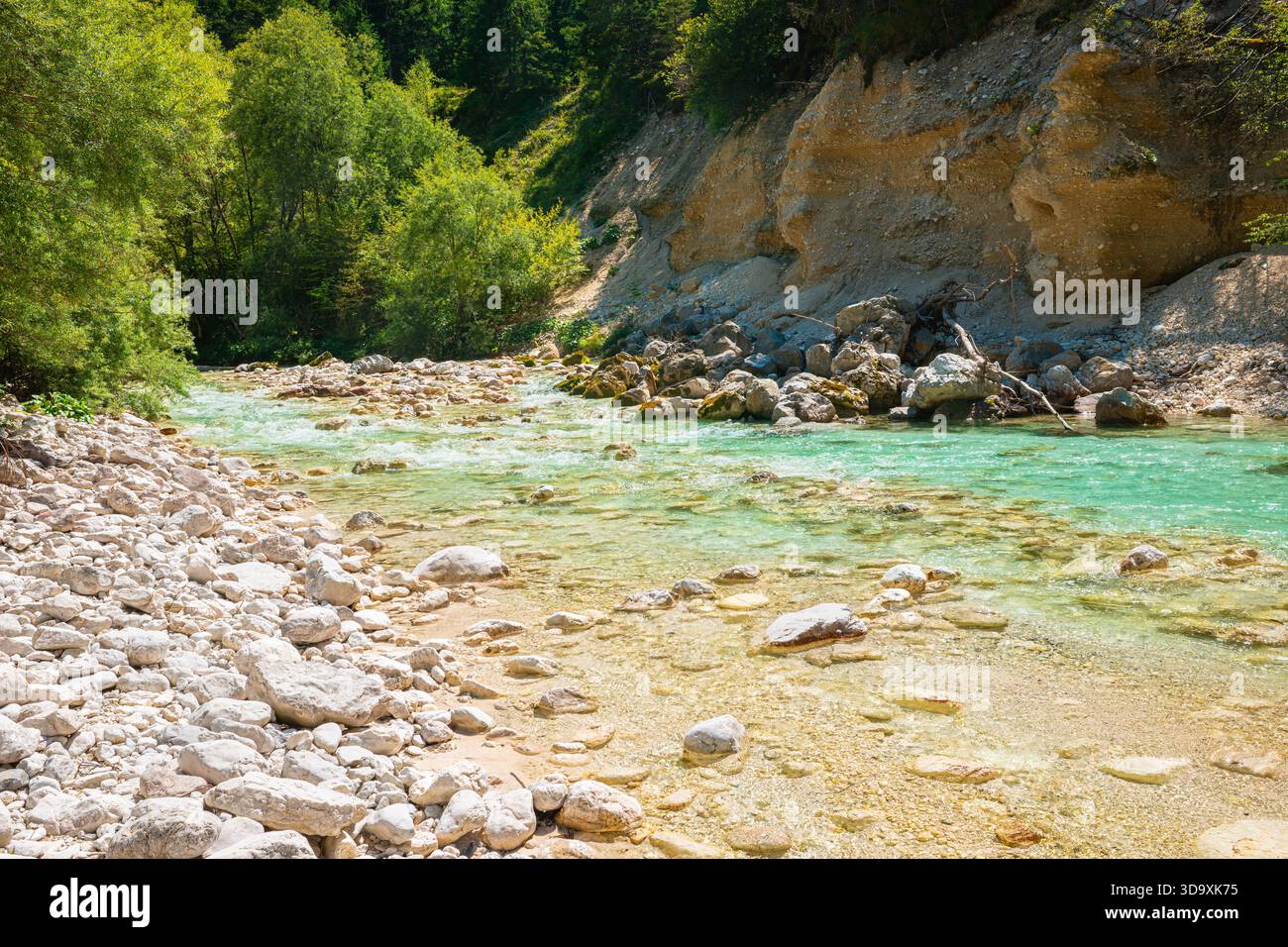 Roches calcaires blanches et rivière Soca turquoise près de Bovec dans le parc national du Triglav, Slovénie Banque D'Images
