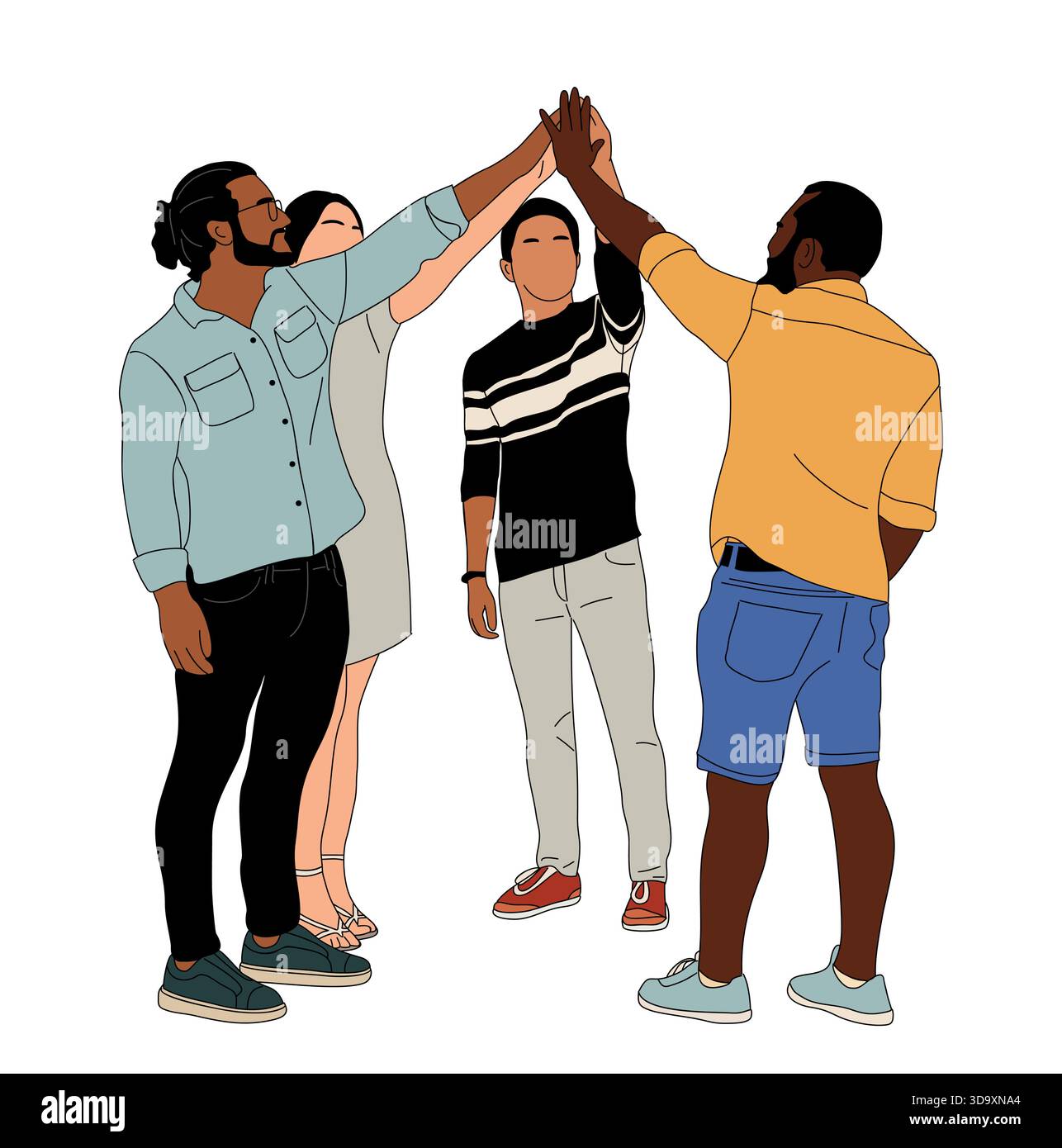 Des personnes diverses debout dans un geste de cinq hauts Illustration de Vecteur