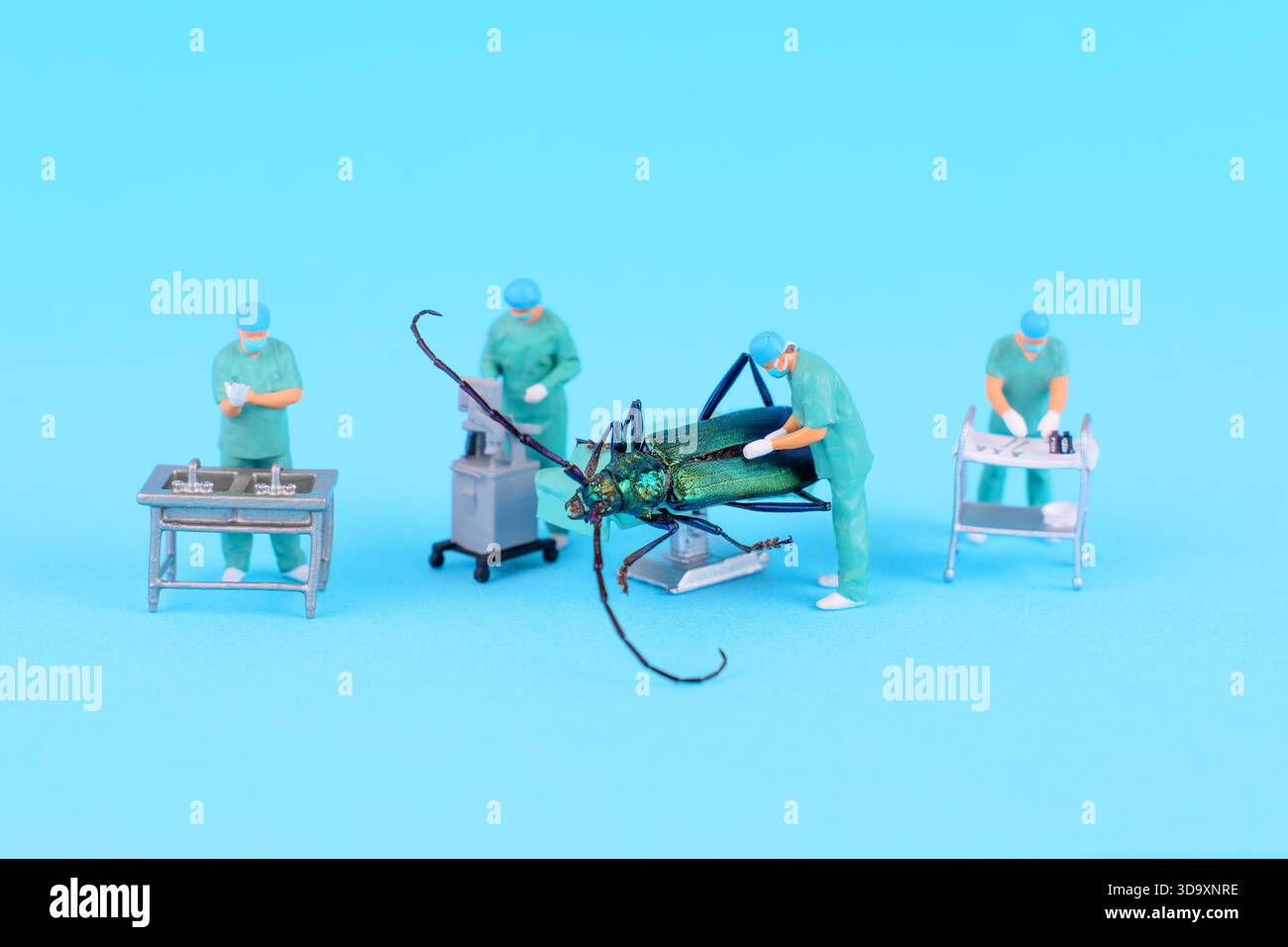 Vue rapprochée de chirurgiens miniatures dans des broussailles vertes menant une enquête scientifique sur un grand coléoptère, présentant divers outils et équipements médicaux. Banque D'Images