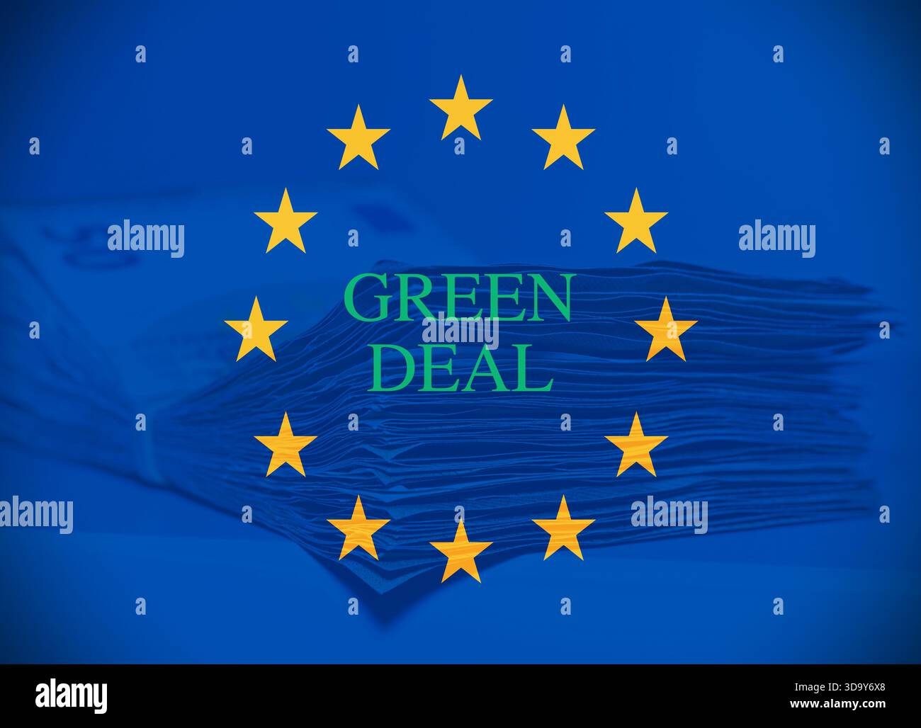 Pile de cinquante euros sur la table avec Green Deal. Banque D'Images