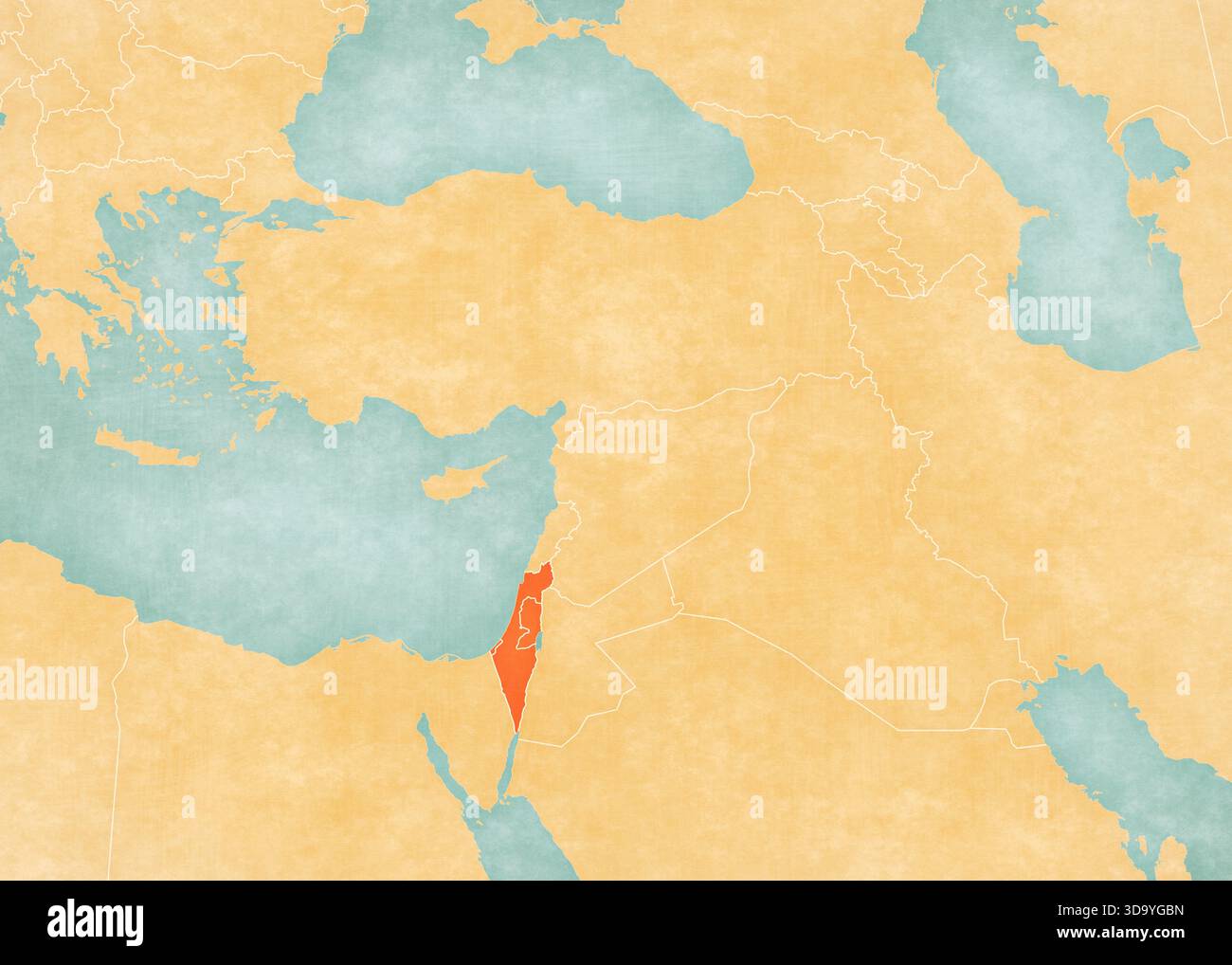 Israël avec la Palestine sur la carte du proche-Orient dans un style grunge doux et vintage, comme du vieux papier avec de la peinture à l'aquarelle. Banque D'Images