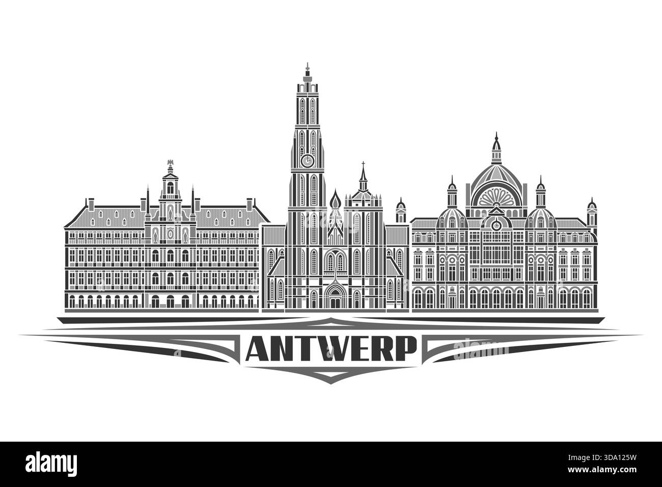 Illustration vectorielle d'Anvers, carte horizontale monochrome avec design linéaire paysage historique de la ville d'anvers, concept urbain d'art de ligne avec lett décorative Illustration de Vecteur