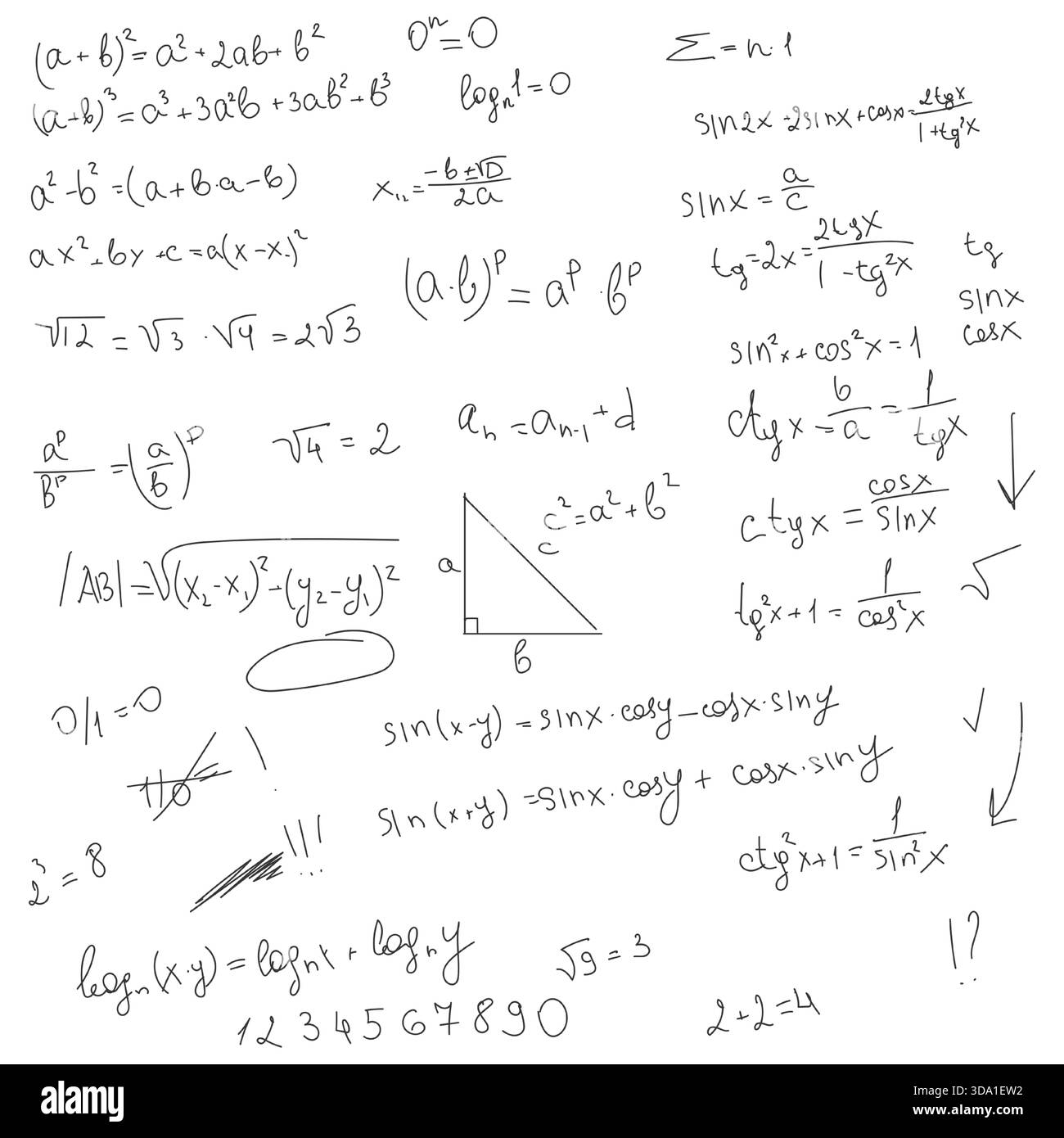 Formules mathématiques scolaires, croquis noir et blanc. Illustration vectorielle. Équations trigonométriques et algébriques, équations logarithmiques, isolées sur un b blanc Illustration de Vecteur