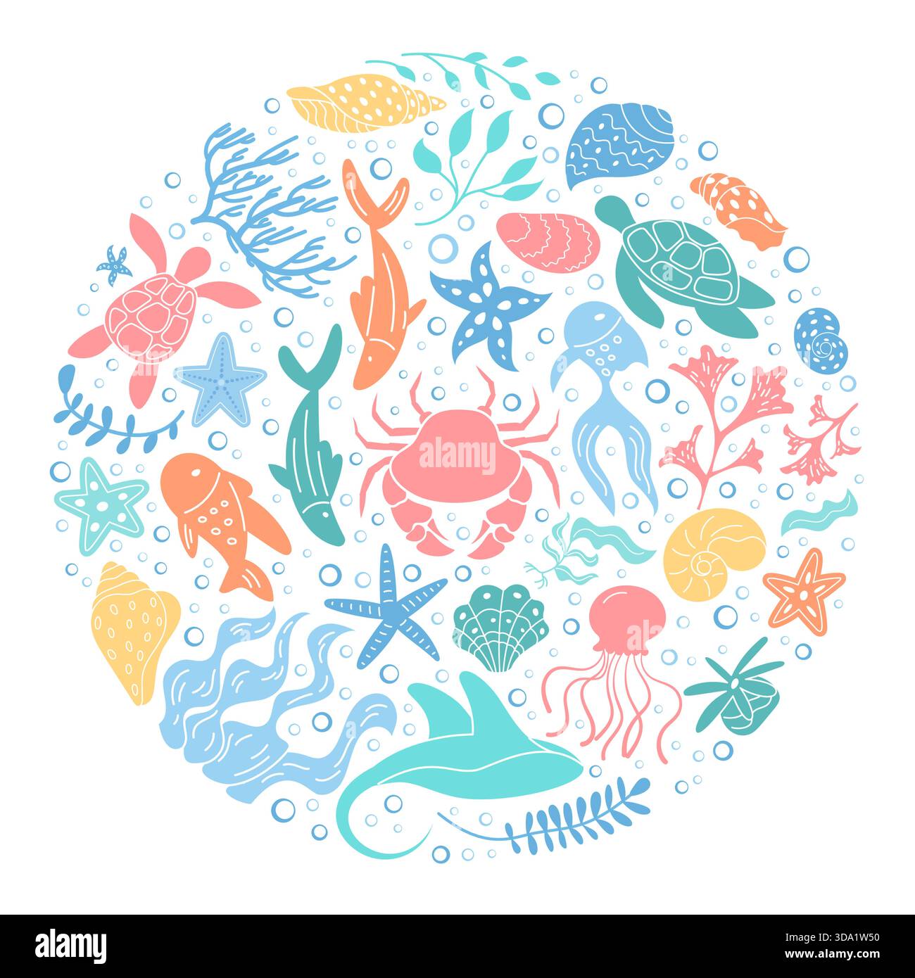 Autocollant rond plat de concept de vie sous-marine Illustration de Vecteur