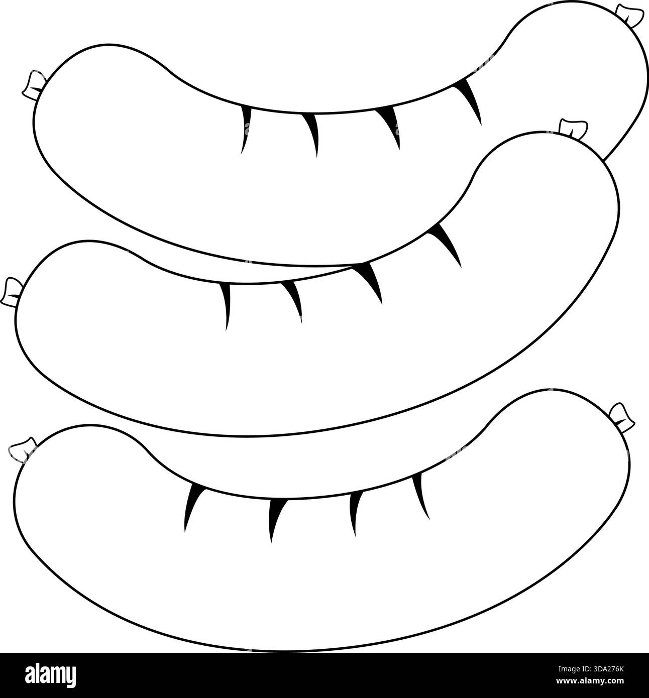 Saucisses grillées. Hot dogs grillés. Barbecue bbq saucisses de viande épicées pour le restaurant de restauration rapide. Page de coloriage noir et blanc vectoriel. Illustration de Vecteur