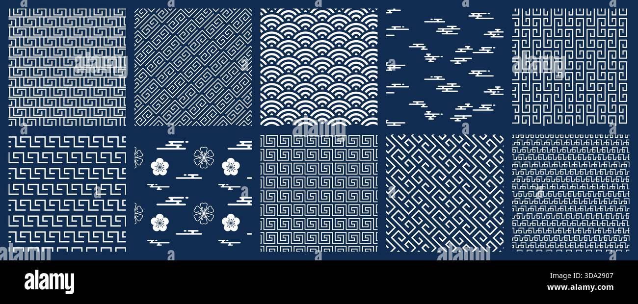 Ensemble de motifs sans couture japonais, collection de fond japonais bleu, papiers peints géométriques, texture japonaise traditionnelle blanche Illustration de Vecteur