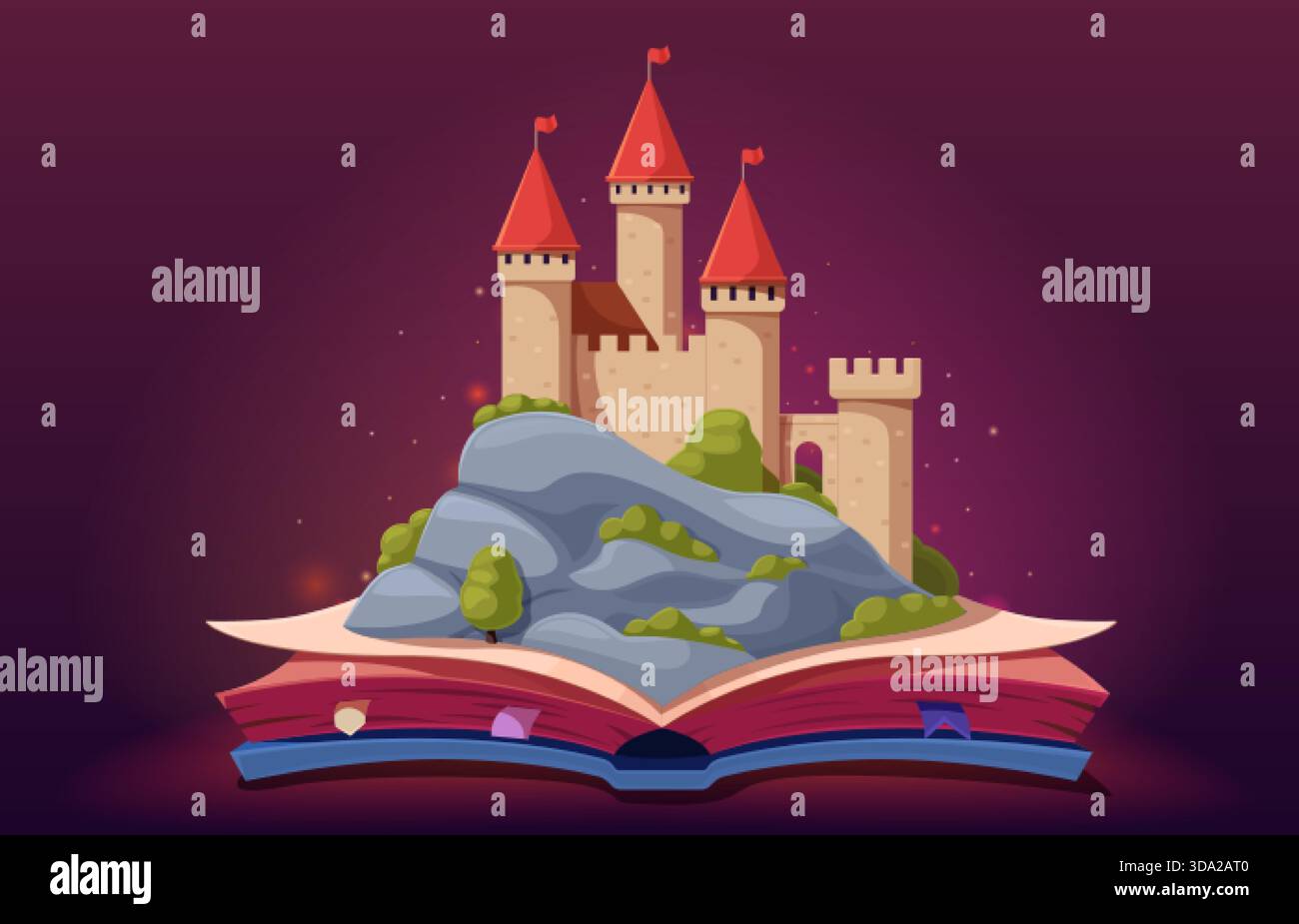Livre ouvert avec château sur rocher. Cahier de conte de fées, scène magique, métaphore de l'imagination. Littérature pour le fond de modèle d'enfants, conception de vecteur sapide Illustration de Vecteur