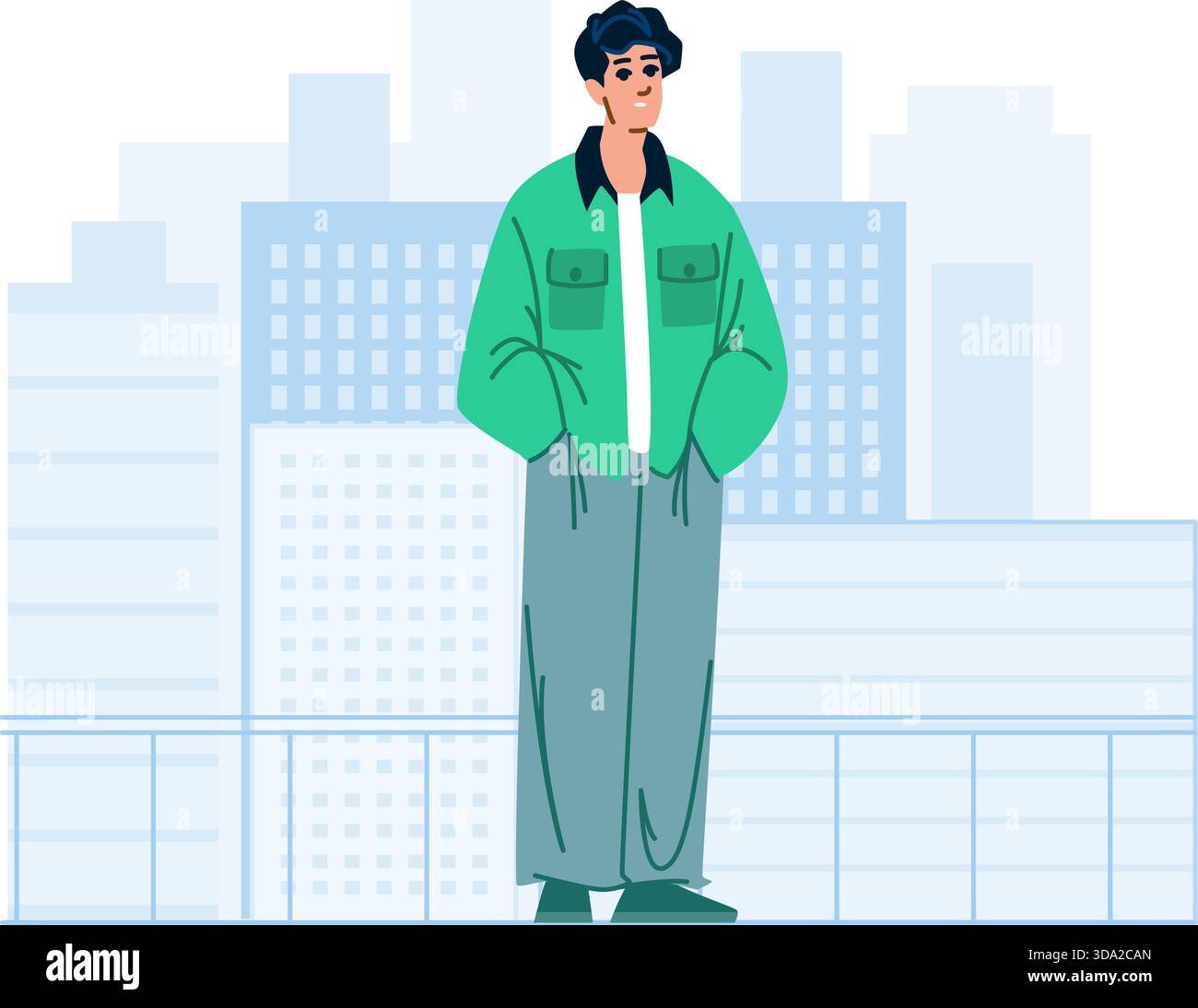 Homme décontracté urbain debout dans le paysage plat de la ville Illustration de Vecteur