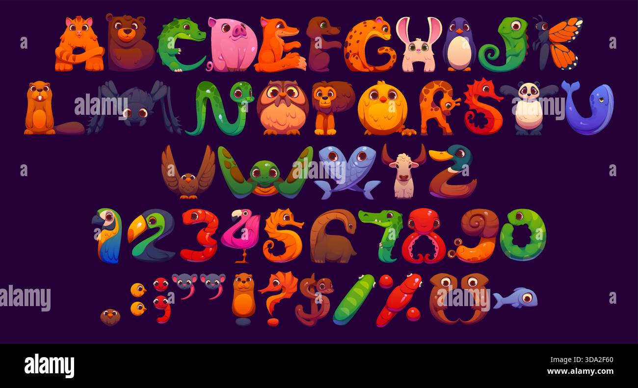 Alphabet animal pour enfants, police de mascotte de zoo drôle, police anglaise pour enfants, typographie vectorielle de type caractères mignons. Dessin animé safari africain et animaux aquatiques, poissons, oiseaux et dinosaures Illustration de Vecteur