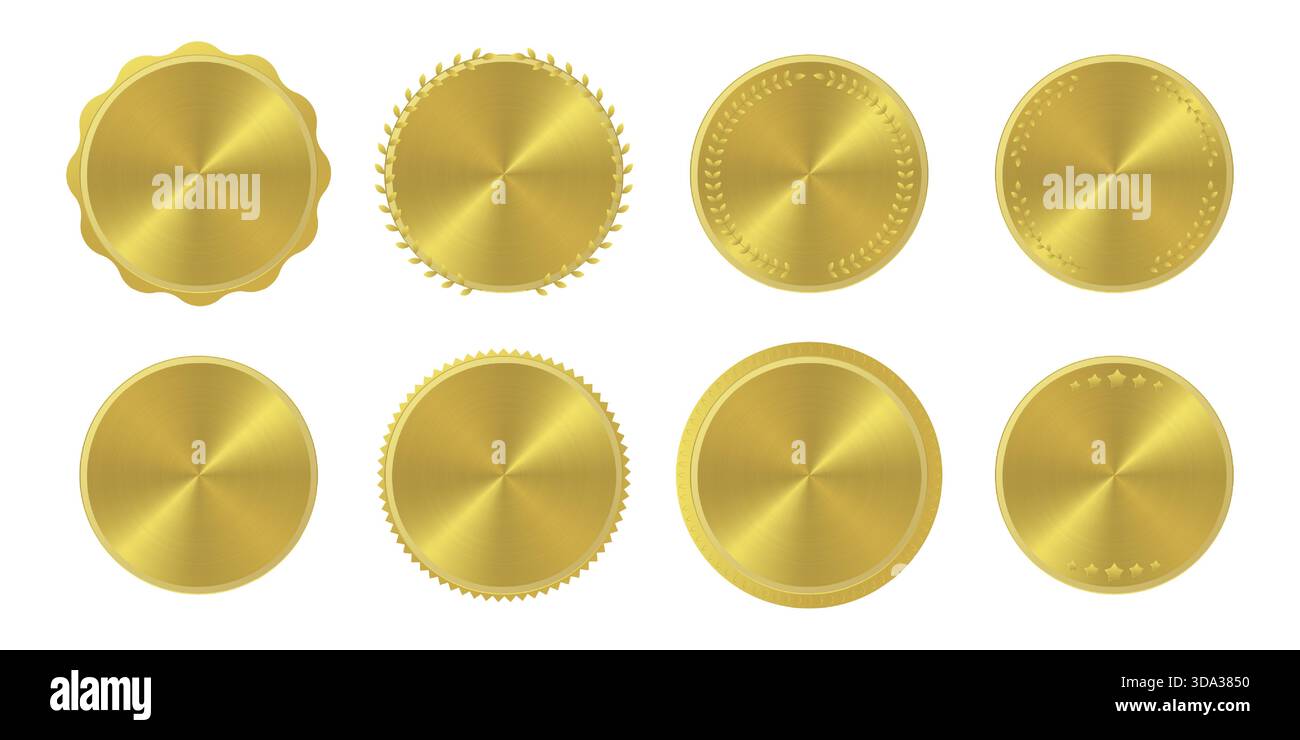 Ensemble de huit médailles ou sceaux en or brillant avec différentes décorations Illustration de Vecteur