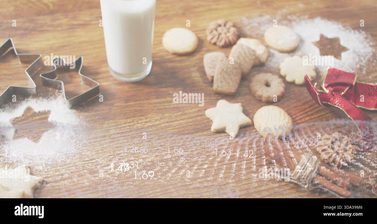 Affichage des cookies avec des couteaux en métal sur une table en bois, avec du lait, de la cannelle, du ruban, superposition de données Banque D'Images