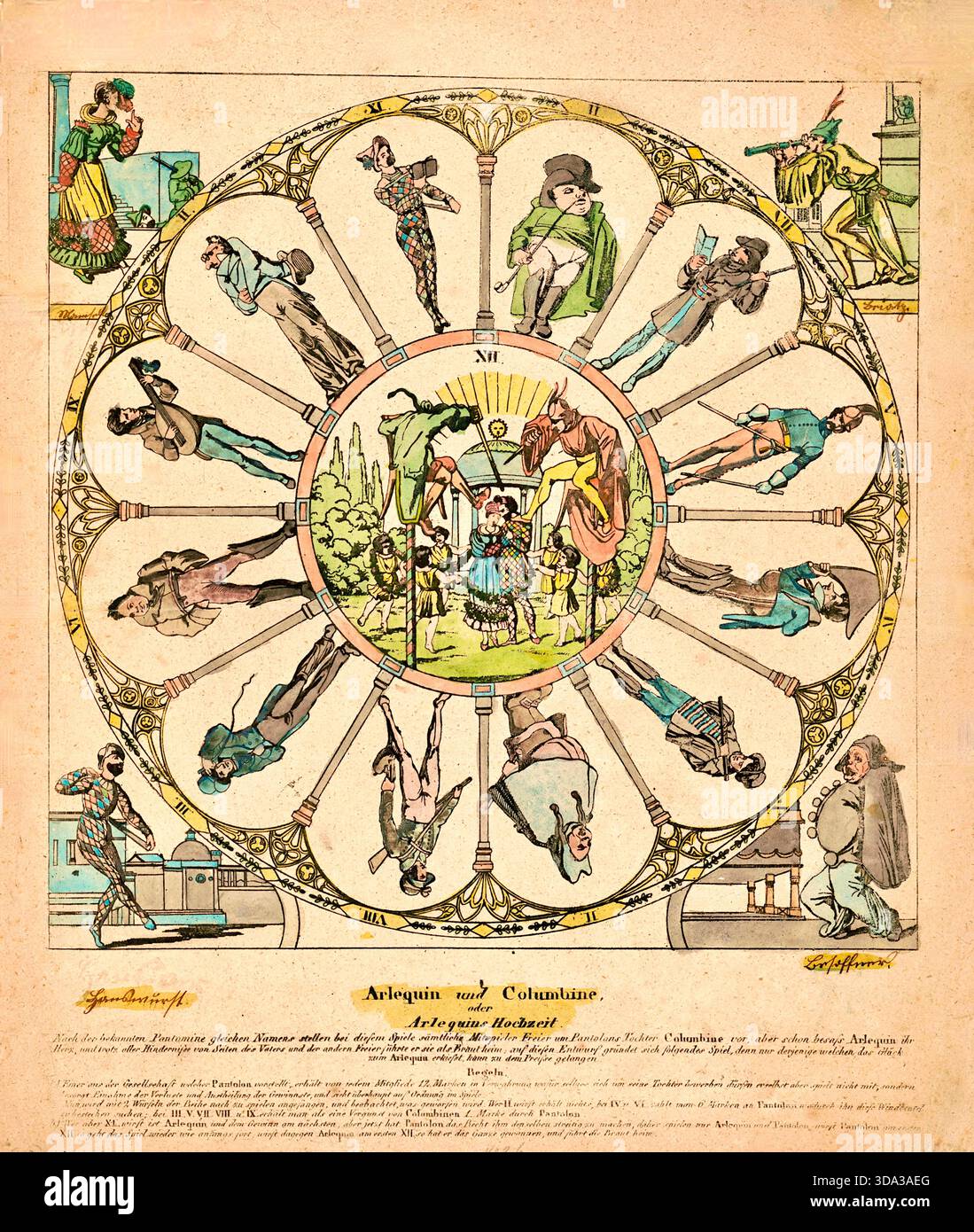 Arlequin et Columbine - mariage d'Arlequin - impression colorée à la main pour un jeu de société intitulé 'Arlequin und Columbine, oder Arlequins Hochzeit' (Arlequin et Columbine, ou mariage d'Arlequin), produit à la fin du XVIIIe ou au début du XIXe siècle - l'image présente un plateau de jeu circulaire avec douze espaces numérotés ou scènes, dans lequel les joueurs navigueraient. La vignette centrale et les scènes autour de la roue représentent divers moments impliquant les personnages classiques : l'espiègle Arlequin, son intérêt amoureux Columbine, et d'autres figures de la tradition de la pantomime. Banque D'Images