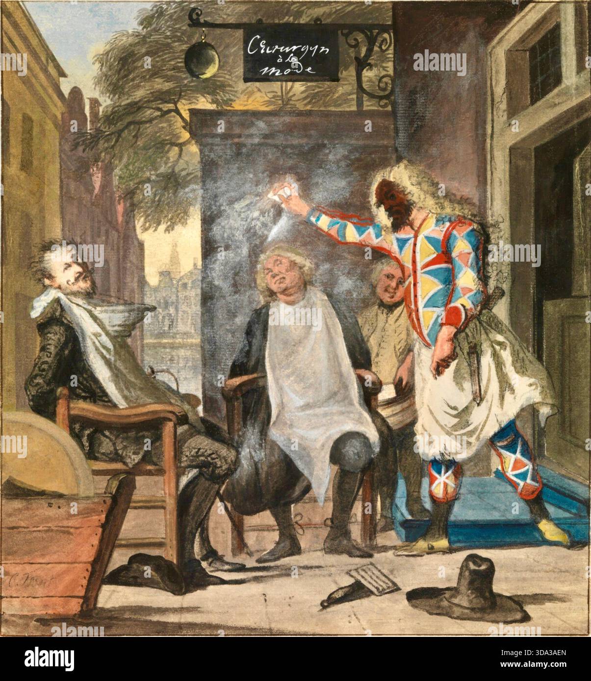 Cornelis Troost - Arlequin, Magicien et barbier : les rivaux trompés - 1738 - dépeint une scène d'une pièce satirique populaire de l'époque mettant en vedette des personnages de la tradition italienne Commedia dell'Arte. Les personnages incluent Harlequin (le fauteur de troubles), Capitano (le soldat) et Belloardo (le docteur charlatan). Banque D'Images