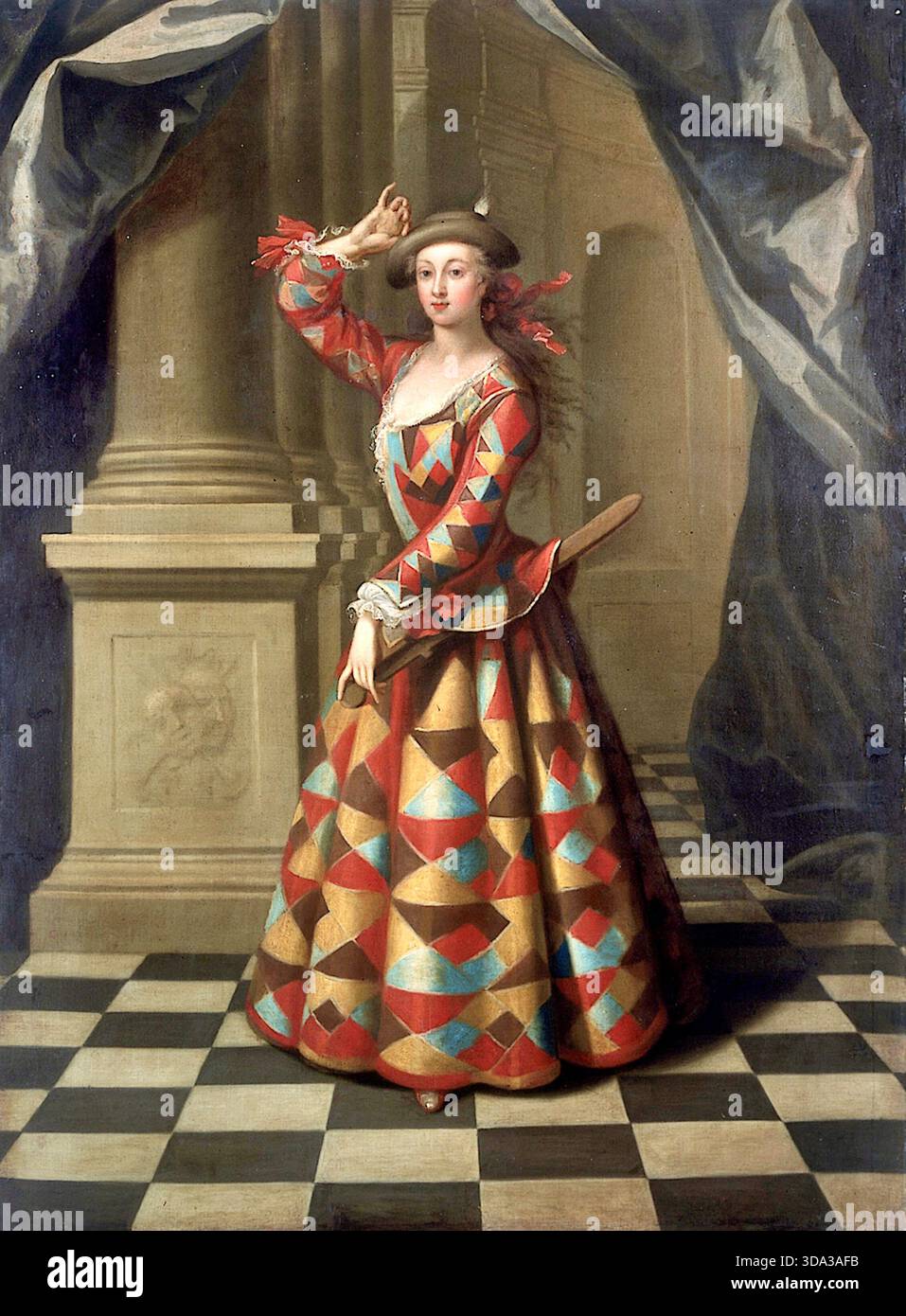 John Ellys - ballerine britannique et actrice Hester Booth (c. 1690–1773) en tant qu'arlequin féminine - 1720–1725 - Booth était un interprète de premier plan sur la scène londonienne au début du XVIIIe siècle et était célèbre pour être apparu dans commedia dell'Arte Interludes en tant qu'arlequin féminine, un rôle généralement joué par les hommes. Elle a été surnommée « la première ballerine d'Angleterre » et a été influente dans de nombreuses sphères de la vie théâtrale. Banque D'Images