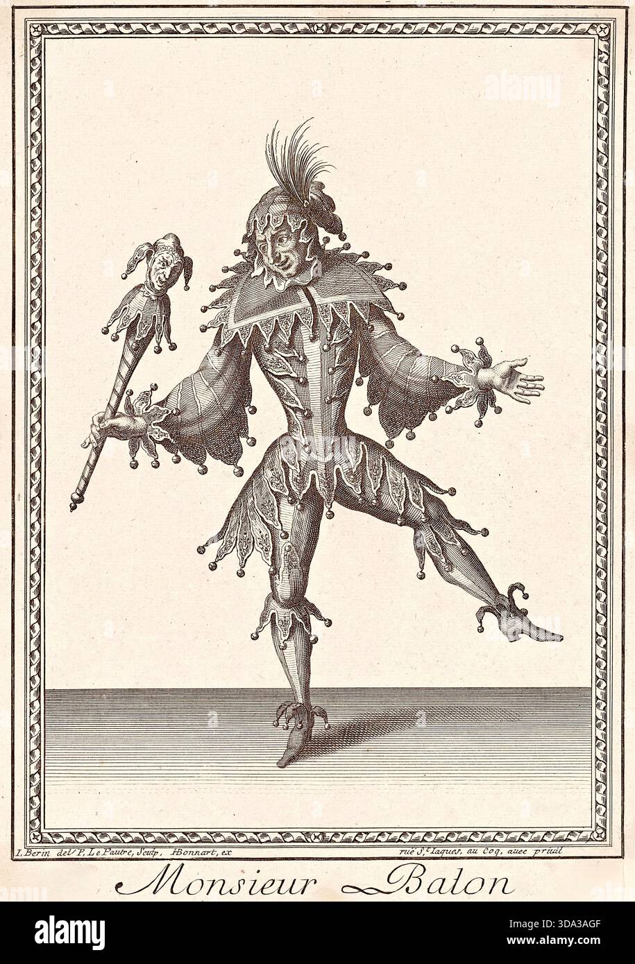 Il s'agit d'une gravure représentant Claude Balon (ou ballon) comme un arlequin ou un bouffon. Balon est un célèbre danseur et chorégraphe français de 1671 à 1744. Banque D'Images