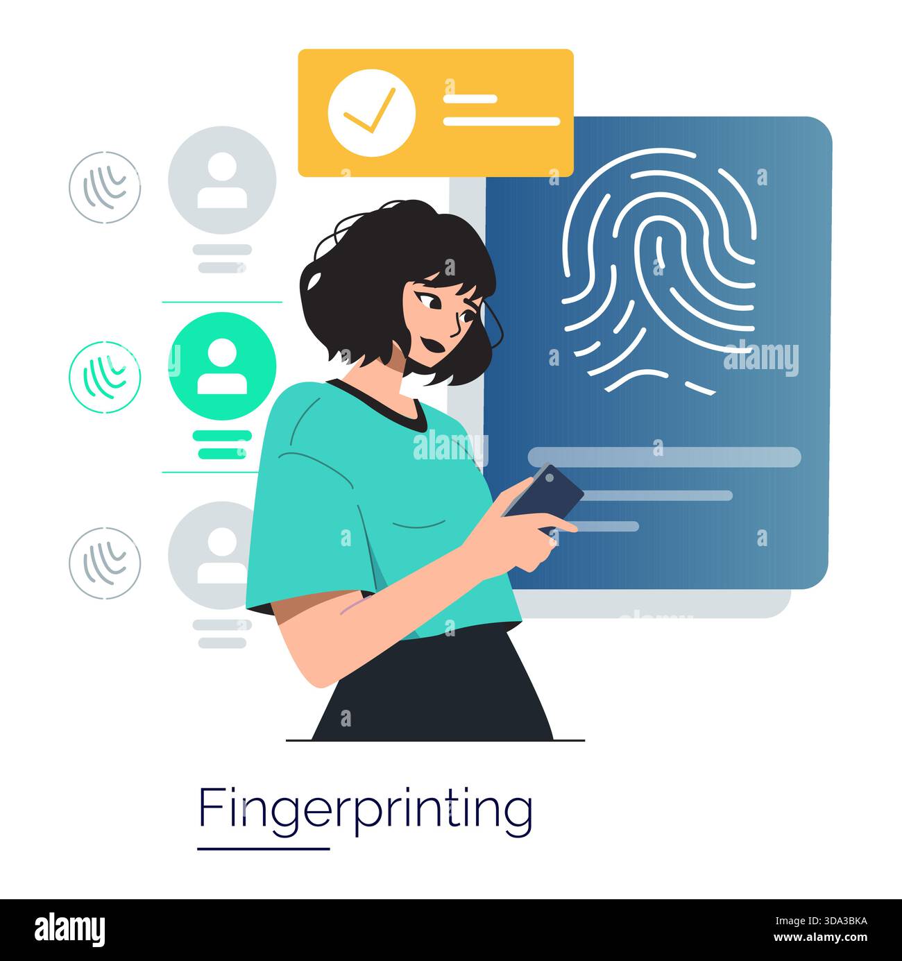 Illustration vectorielle représentant une femme interagissant avec un appareil mobile pour la vérification des empreintes digitales. Met l'accent sur la sécurité numérique, l'authentification biométrique et l'utilisation des technologies modernes. Illustration de Vecteur