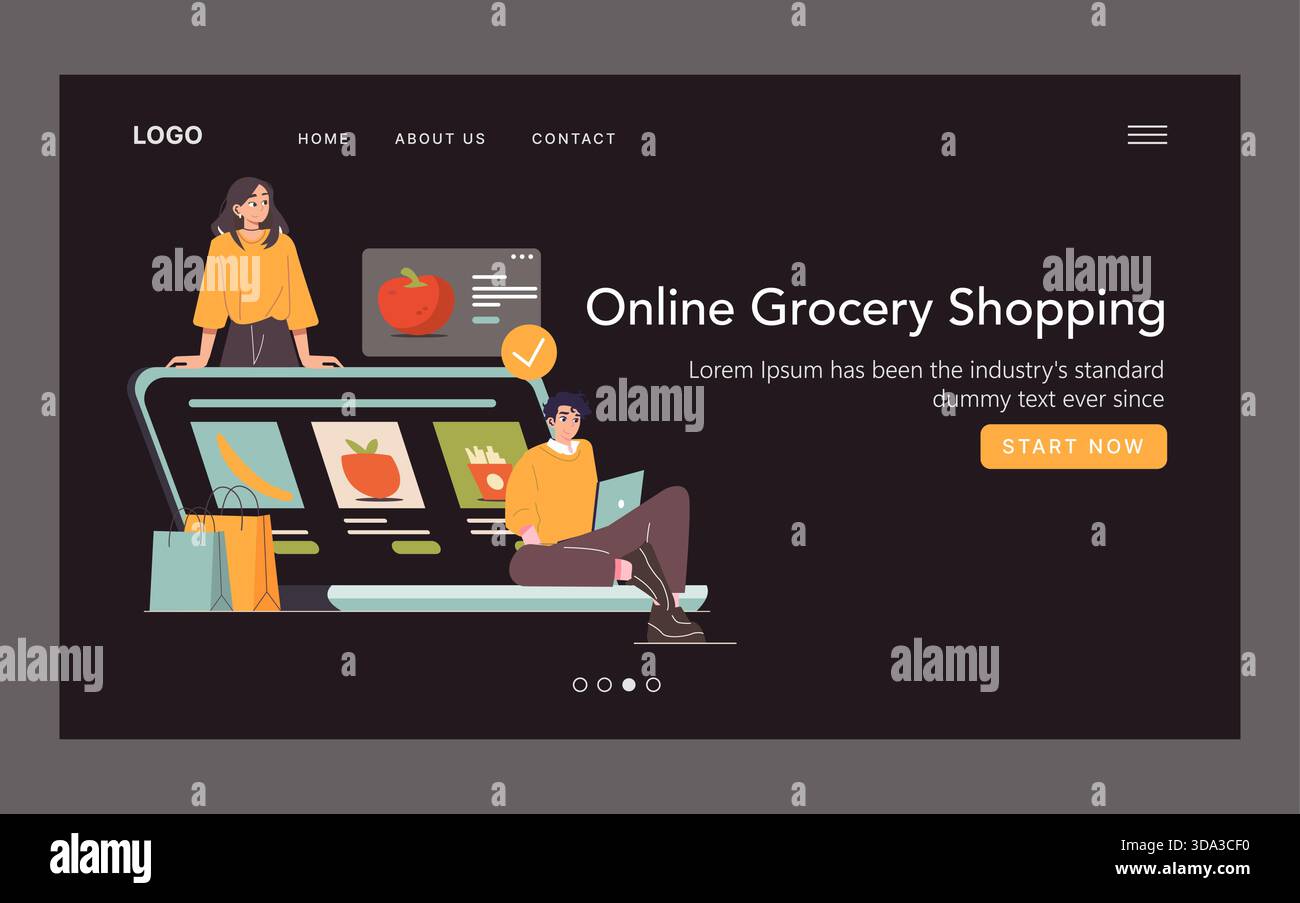 Illustration vectorielle de deux personnes s'engageant dans l'épicerie en ligne. L'un se tient à côté d'un ordinateur portable géant affichant des fruits et légumes tandis que l'autre est assis à l'aide de l'ordinateur portable. Les sacs à provisions sont visibles. Illustration de Vecteur