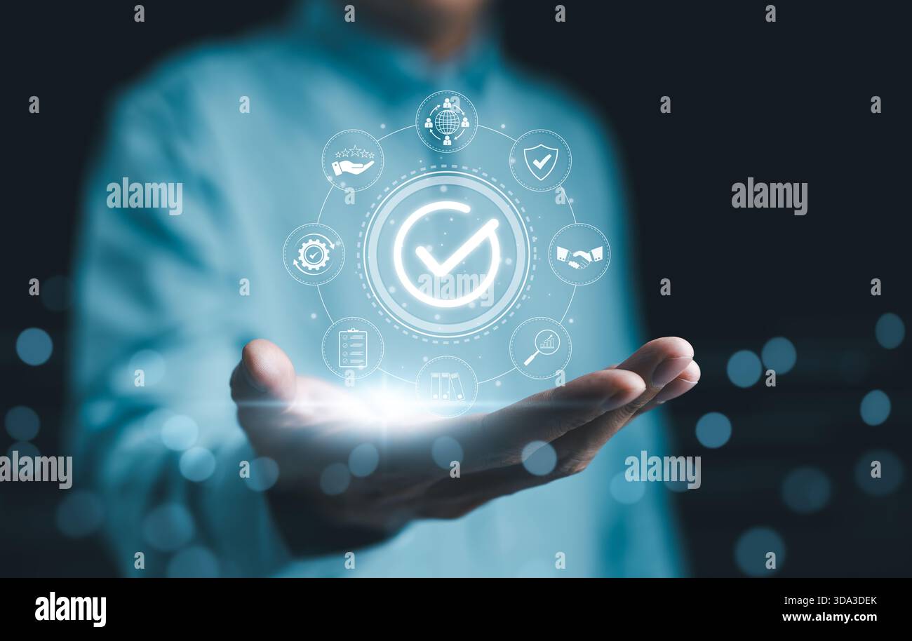 Concept standard d'assurance de certification de contrôle qualité. Conformité à la réglementation et à la norme. Assurance qualité de gestion AQ. Contrôle qualité CQ Banque D'Images