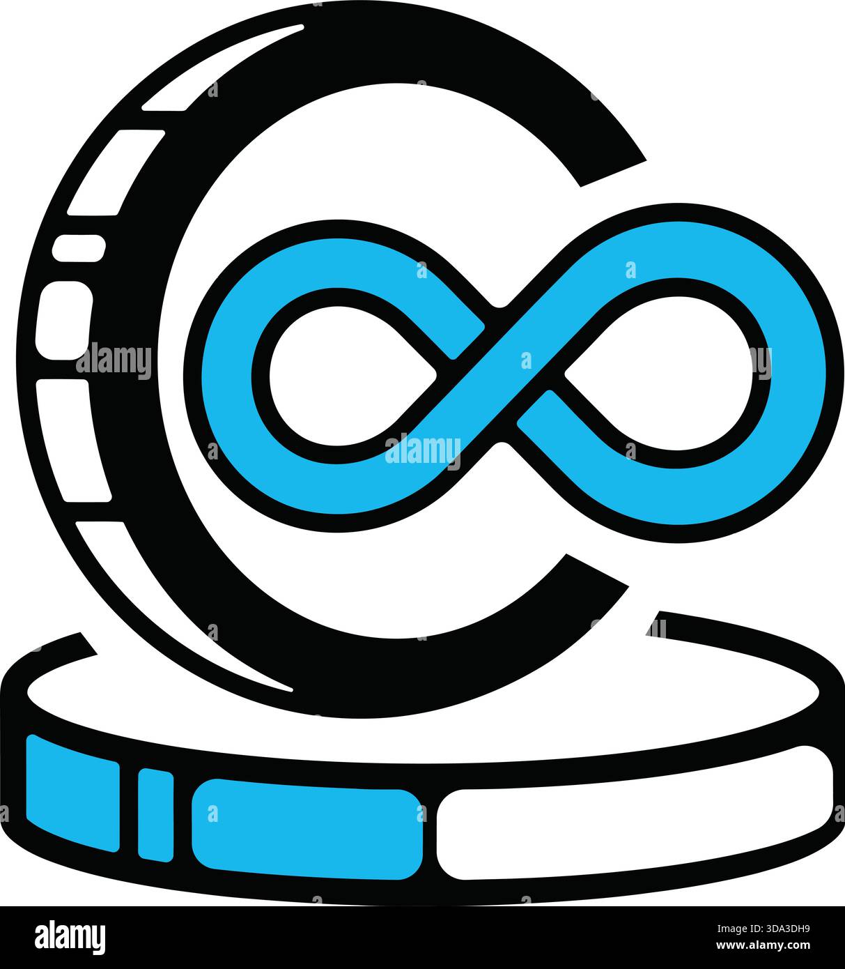 Un design graphique vectoriel épuré avec un symbole bleu vif de l'infini imbriqué dans un cadre circulaire noir et bleu segmenté sur un fond blanc. Illustration de Vecteur