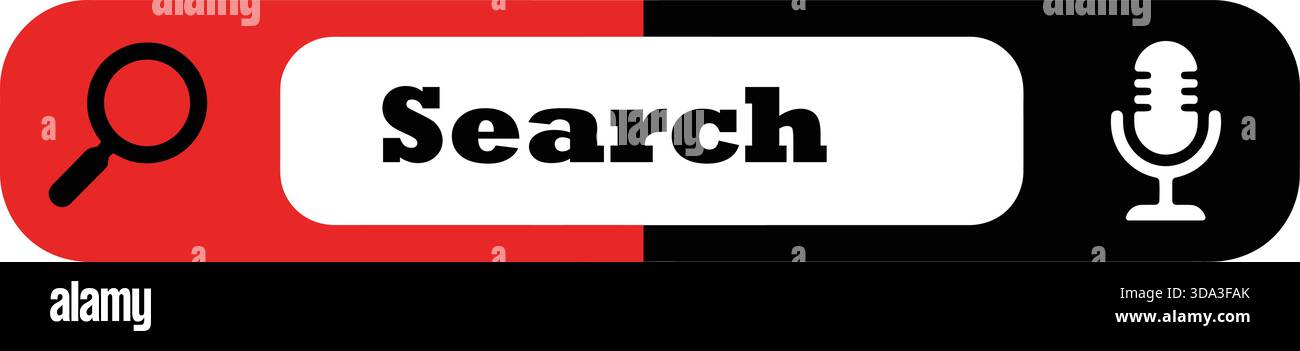 Design graphique avec une loupe et une icône de microphone sur une barre rouge et noire divisée, représentant la fonctionnalité de recherche et de saisie vocale. Illustration de Vecteur