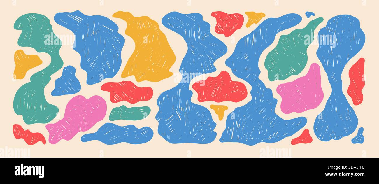 Les nuages de blob colorés forment le fond. Formes irrégulières de crayon funky. Figures liquides organiques abstraites. Jeu de vecteurs d'icône de blob Wobbly. Amibes ondulées pour enfants Illustration de Vecteur