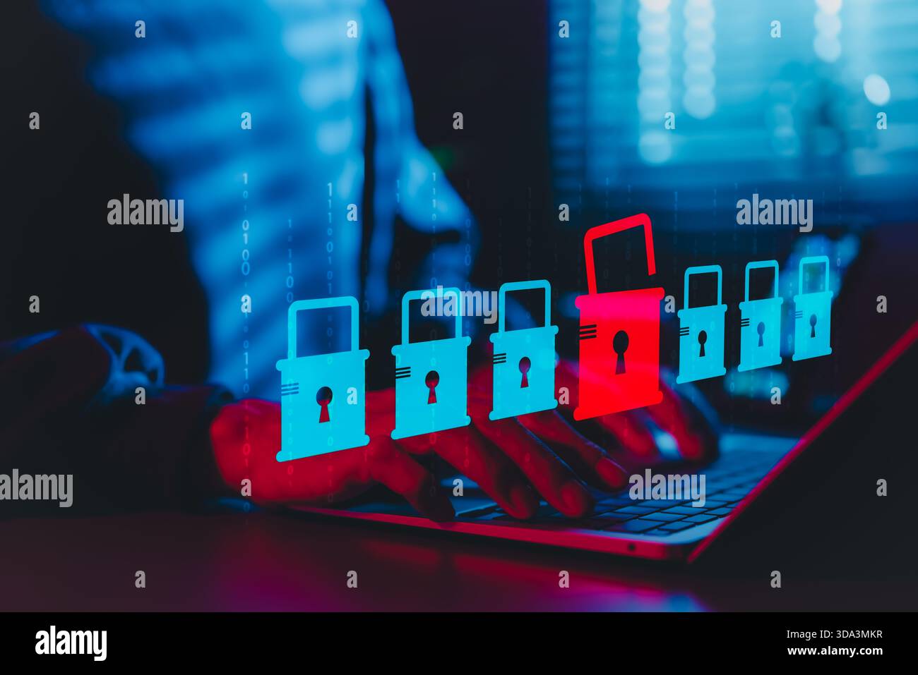 Cybersécurité et concept de risque de violation de données. Une personne utilisant un ordinateur portable avec des icônes de cadenas numériques, serrure rouge ouverte symbolisant la violation de données, Banque D'Images