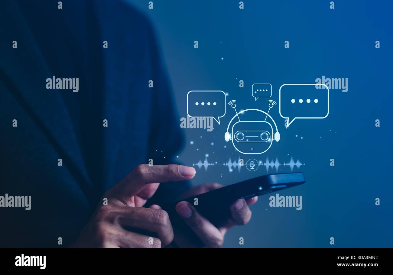 Concept de communication AI Chatbot et Voice Assistant. Une personne interagit avec smartphone Digital Chat ai et icône d'assistant vocal, alimenté par IA Banque D'Images