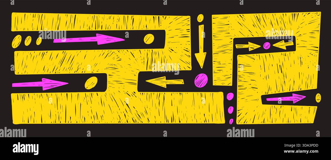Motif géométrique abstrait au crayon néon dessiné. Fond de gribouillage naïf labyrinthe avec des cercles et des flèches. toile de fond d'ornement tribal labyrinthe. Craie naïve Illustration de Vecteur