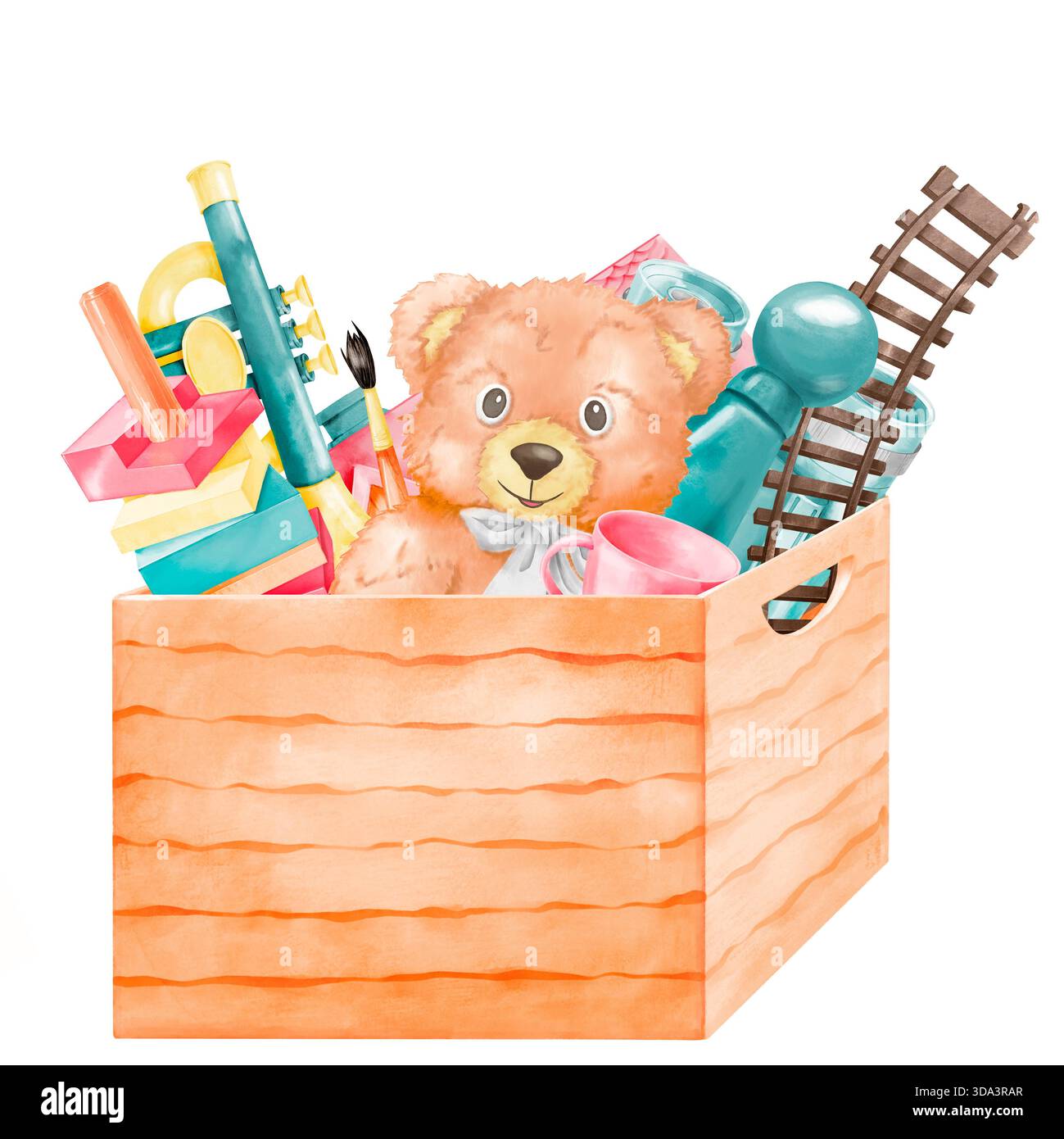 Une boîte pleine de jouets pour enfants. Liiustration de dessin animé aquarelle sur un fond blanc. Concept pour le stockage de jouets, dons de jouets et charité pour enfants Banque D'Images