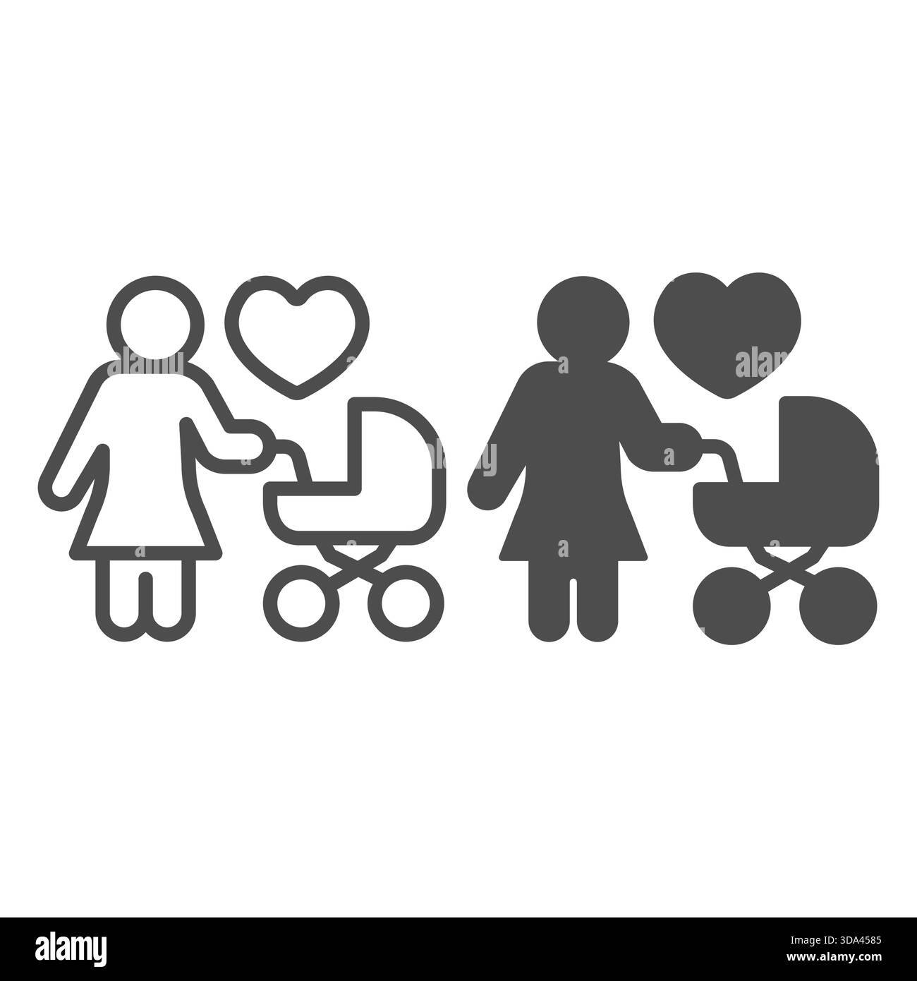 Mère avec poussette et ligne de forme de coeur et icône solide, concept d'enfance. Graphiques vectoriels. Femme avec bébé poussette, signe de soins sur fond blanc, dehors Illustration de Vecteur
