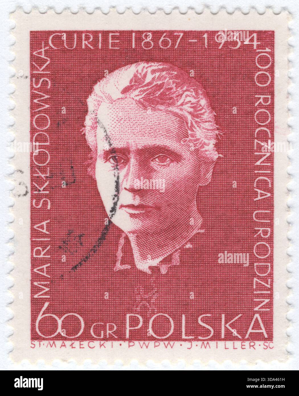 POLOGNE — 1er août 1967 : timbre-poste rose carmin foncé à 60 grosz représentant un portrait de Marie Skłodowska Curie (1867-1934). Maria Salomea Skłodowska-Curie, connue sous le nom de Marie Curie, était une physicienne et chimiste polonaise et naturalisée française qui a mené des recherches pionnières sur la radioactivité. Elle a été la première femme à remporter un prix Nobel, la première personne à remporter un prix Nobel deux fois, et la seule personne à remporter un prix Nobel dans deux domaines scientifiques Banque D'Images