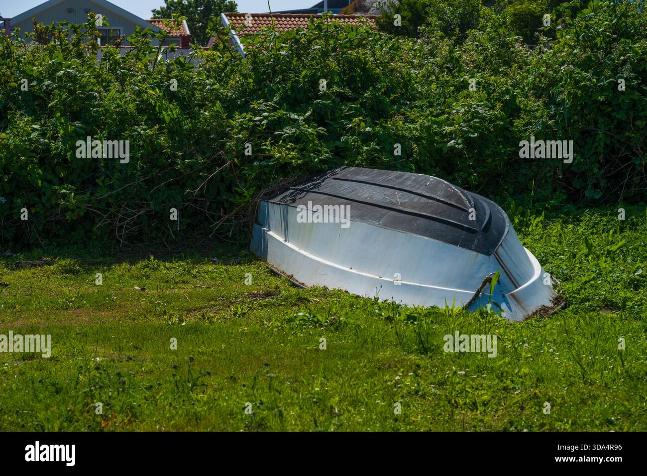 Bateau renversé reposant sur l'herbe verte Banque D'Images