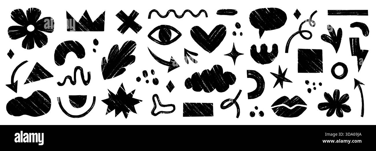 Ensemble D'ELEMENTS organiques abstraits en crayon. Esquisse dessinée à la main doodle Scribble pinceau géométrique forme forme crayon texture fond. Flèche abstraite, cercle, zigzag éléments organiques. Illustration vectorielle Illustration de Vecteur