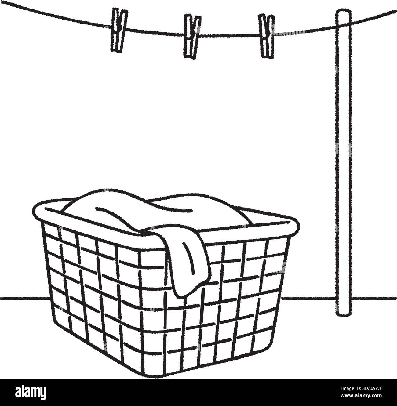 Dessin minimal d'une corde à linge tendue à travers des poteaux avec un panier tissé plein de linge en dessous. Illustration de Vecteur
