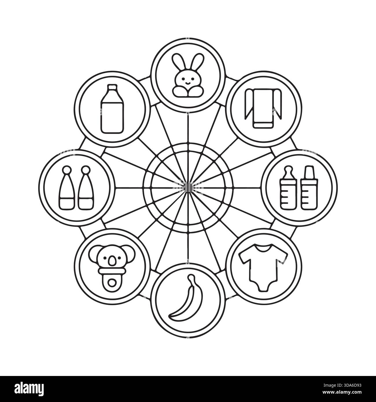 Collection d'icônes de soins de bébé, y compris la sucette de biberons combinaison et les fruits présentés dans un style de silhouette propre Illustration de Vecteur