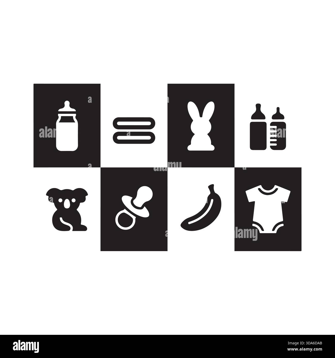 Collection d'icônes de soins de bébé, y compris la sucette de biberons combinaison et les fruits présentés dans un style de silhouette propre Illustration de Vecteur