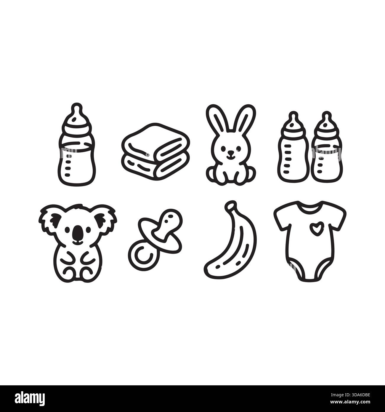 Collection d'icônes de soins de bébé, y compris la sucette de biberons combinaison et les fruits présentés dans un style de silhouette propre Illustration de Vecteur