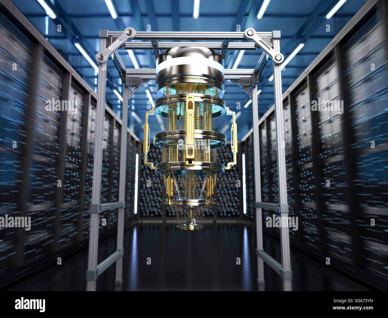 réseau de serveur quantique de rendu 3d avec machine informatique quantique dans la salle des serveurs Banque D'Images