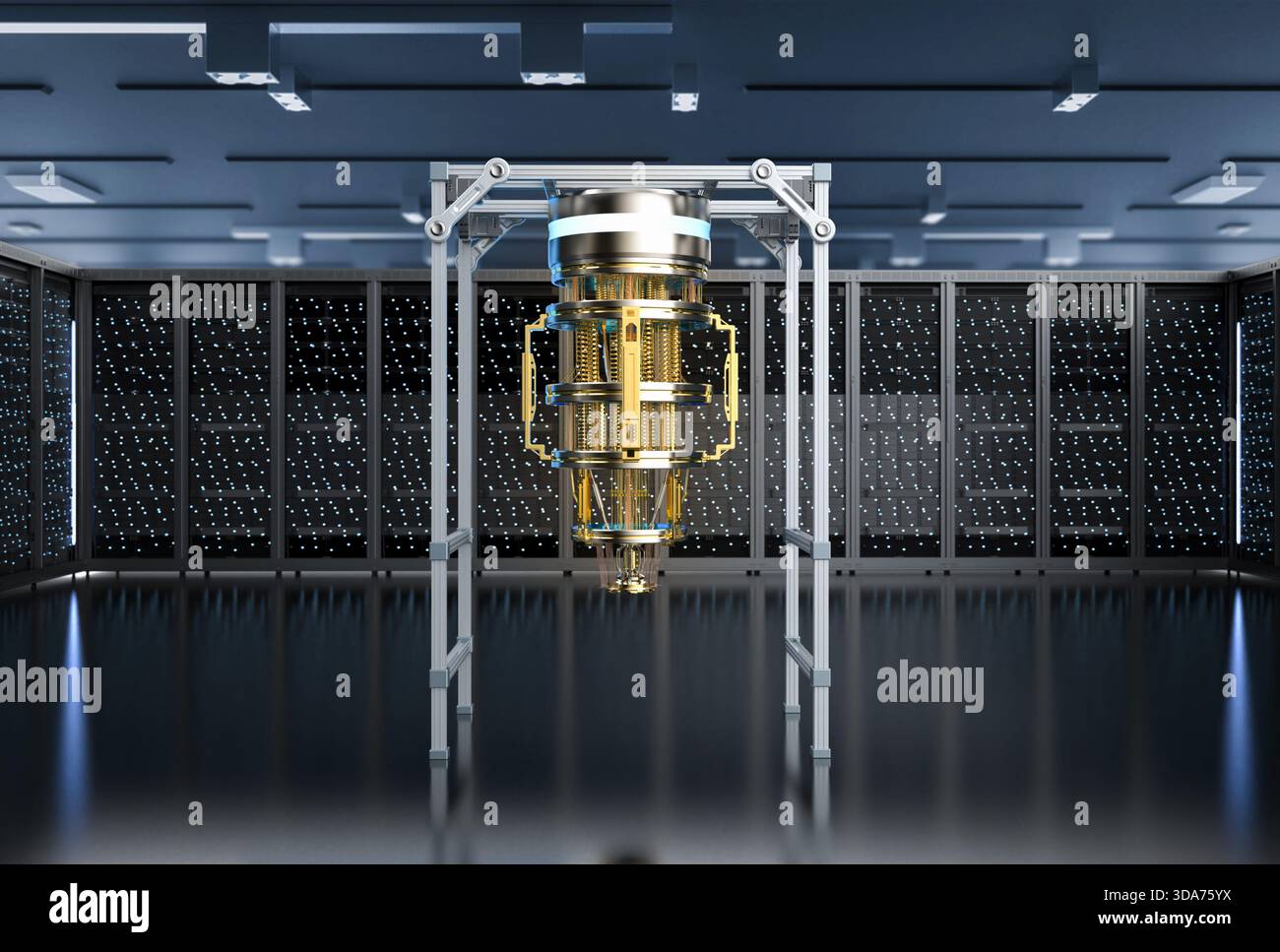 réseau de serveur quantique de rendu 3d avec machine informatique quantique dans la salle des serveurs Banque D'Images