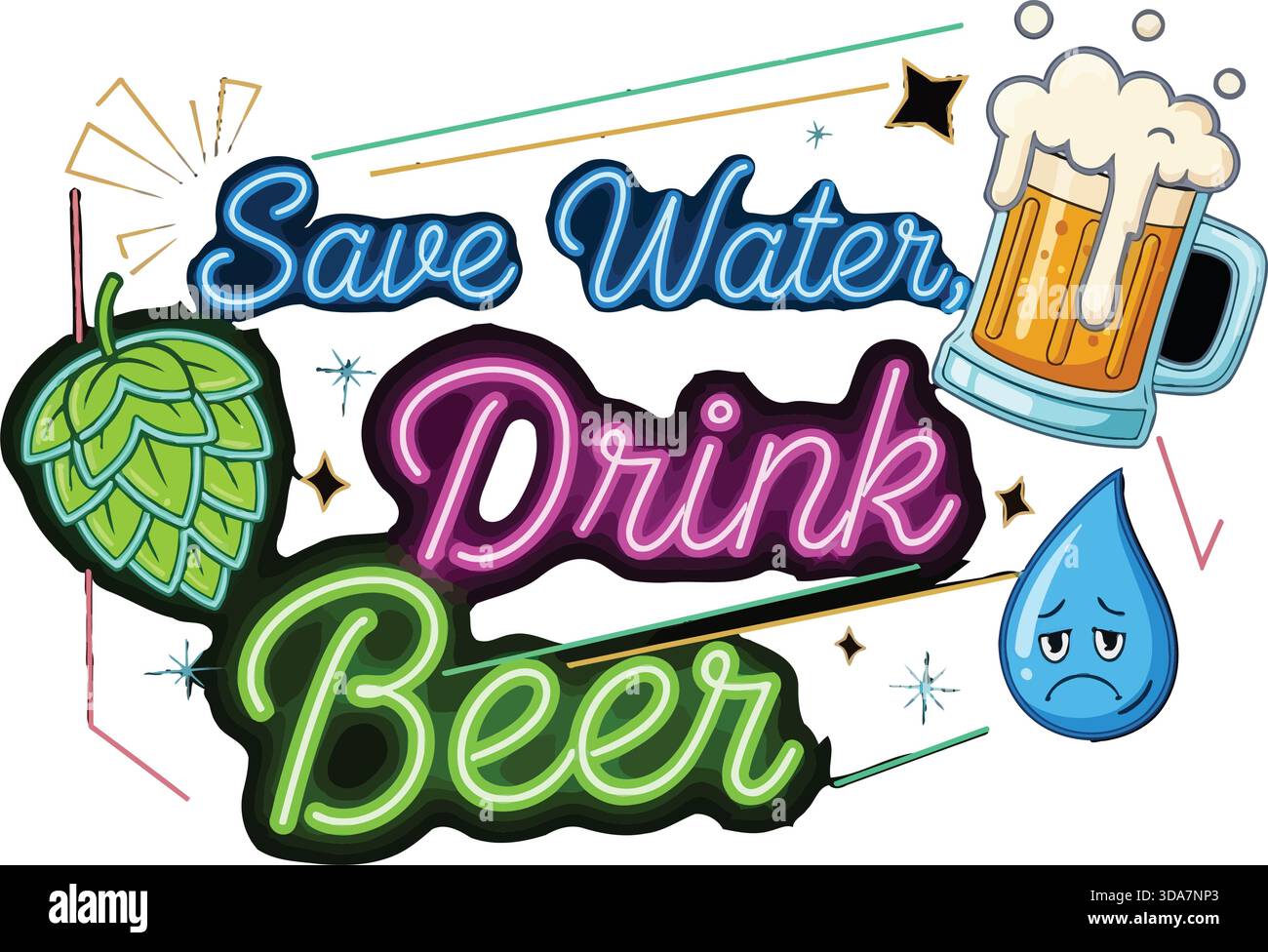 Save Water Drink Beer Neon Sign T-shirt Design Illustration de Vecteur