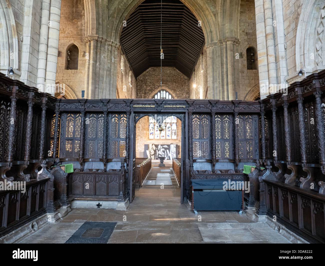 Anciens miséricords sculptés dans le prieuré de Cartmell, Cartmell, Cumbria, Royaume-Uni. Banque D'Images