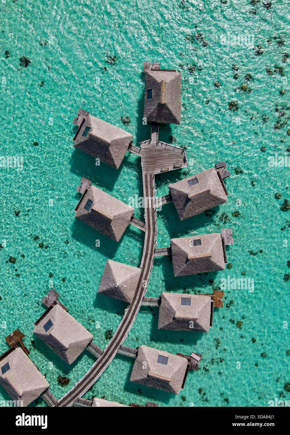 Photo parfaitement verticale avec drone détaillant des bungalows de luxe au toit de chaume reliés par une jetée en bois courbée sur un lagon turquoise clair. Banque D'Images